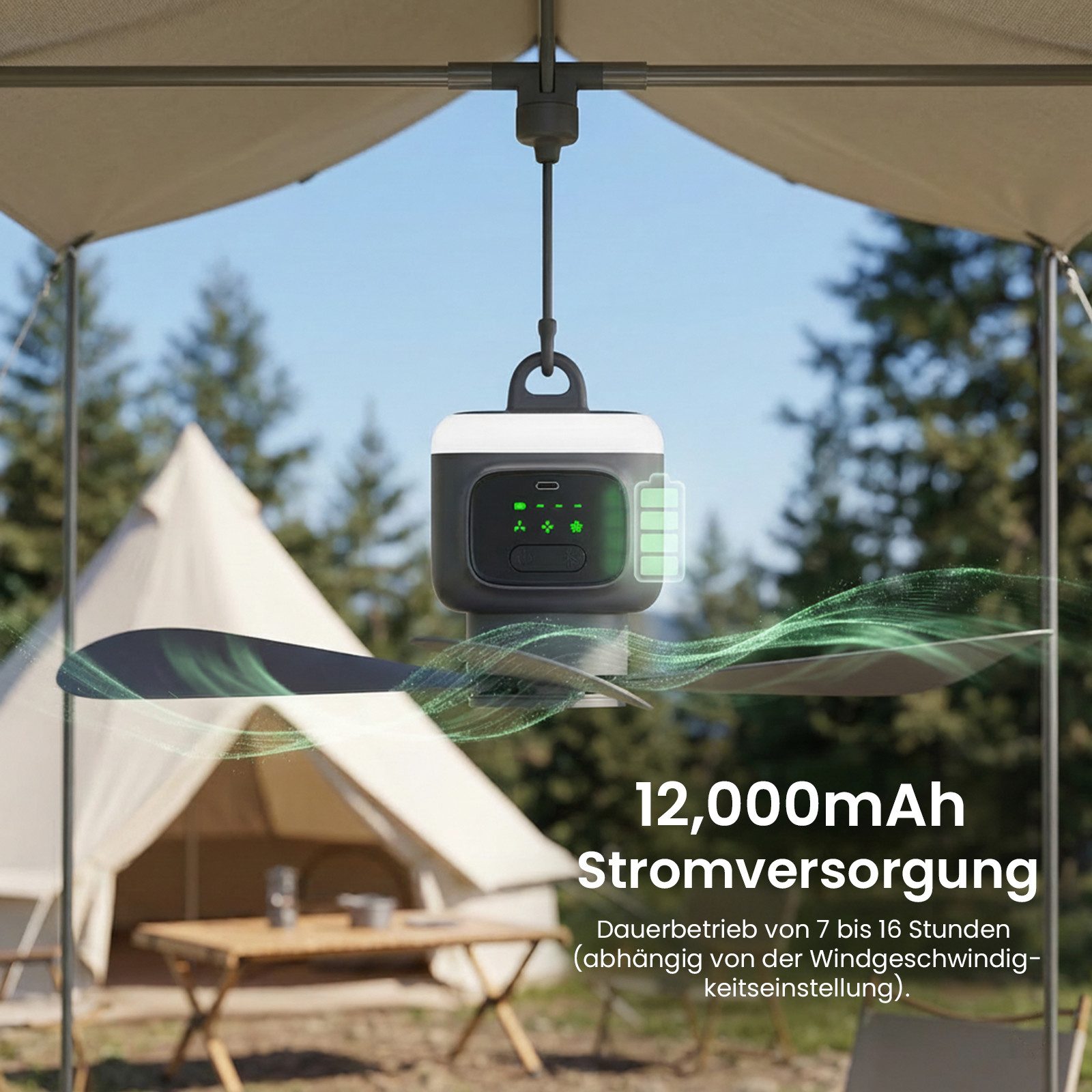 Lapalife Deckenventilator mit Beleuchtung 12000mAh Tragbar Ventilator, 4 Geschwindigkeitsstufen, Leise, Timer, für Terrassen Zelt, Veranda, Wohnmobil