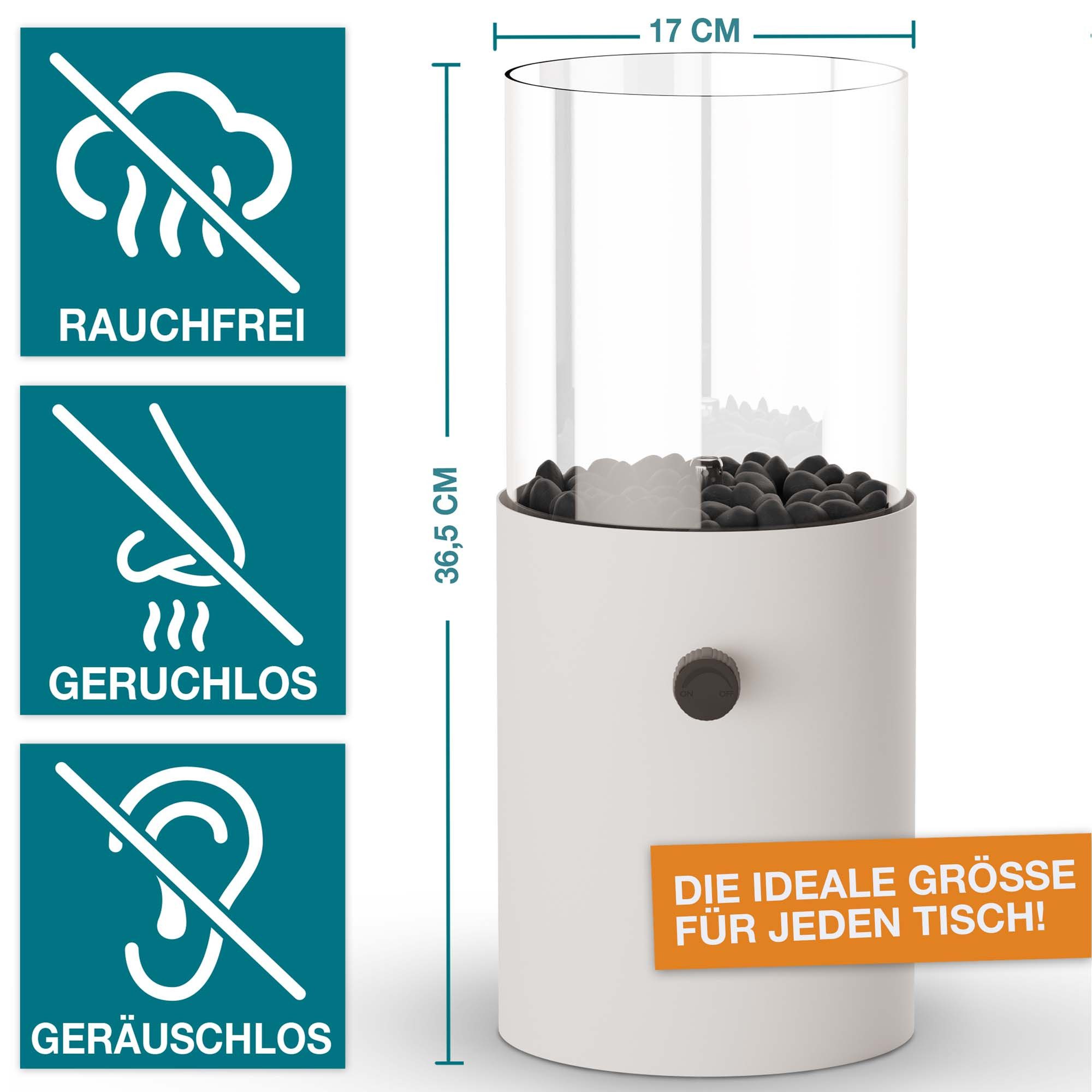 TOM Tischfeuer Tischkamin mit Gas mit 3x 190g Gas-Kartuschen, 12h Brenndauer, Dekosteine, Rund, Outdoor, Indoor