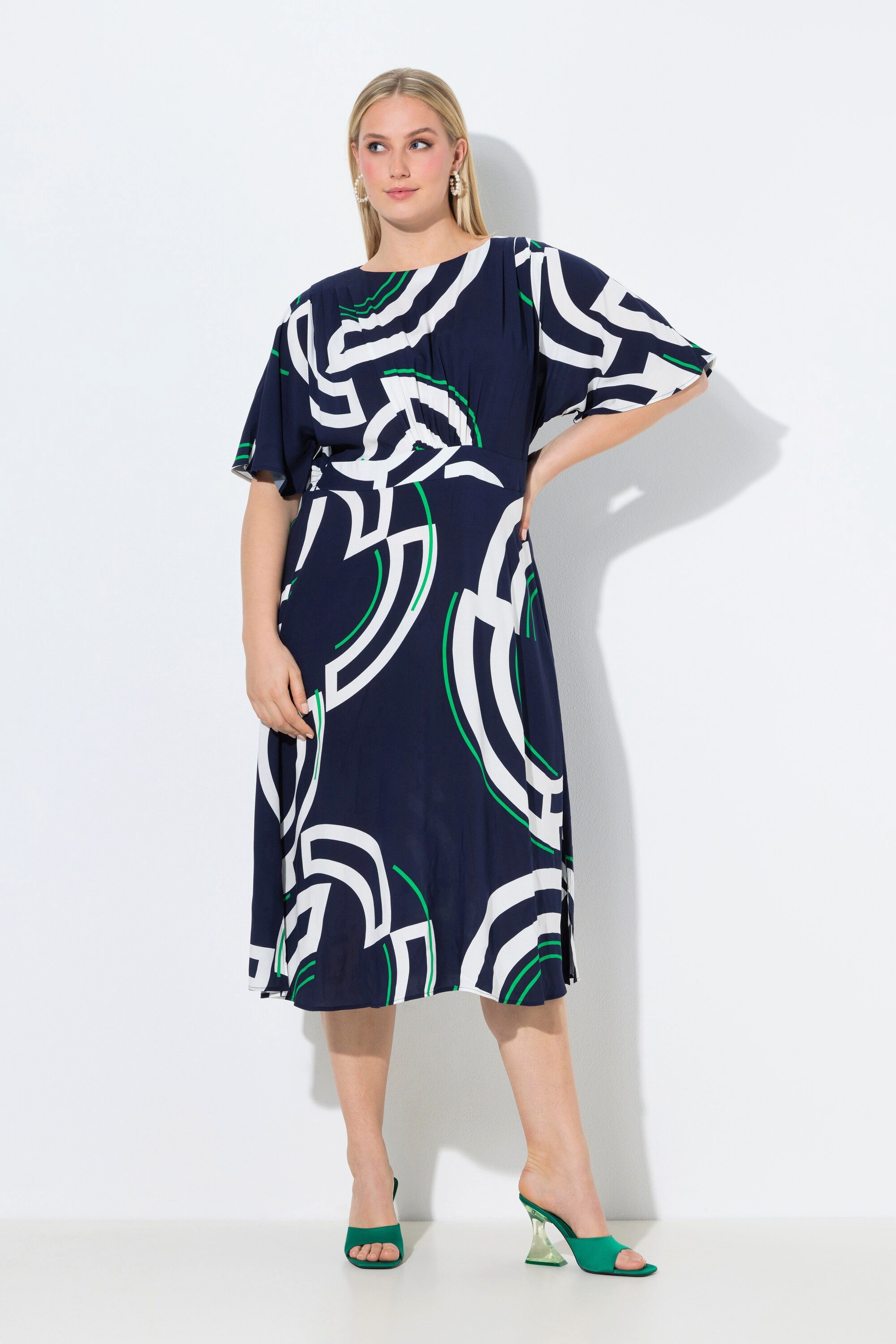 Ulla Popken Maxikleid Midikleid Kreise A-Linie U-Boot-Ausschnitt Halbarm günstig online kaufen