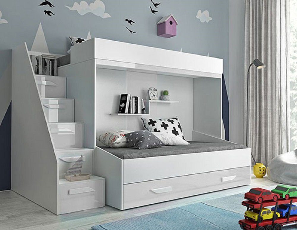 Feldmann-Wohnen Hochbett PARTY (Etagenbett, mit Bettschublade) Farbe wählbar weiß / weiß Hochglanz - Griffe weiß