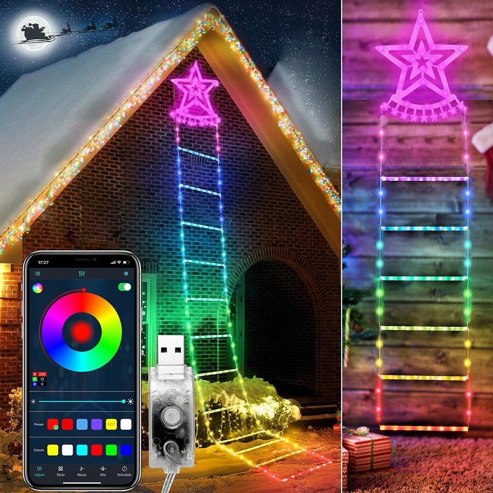 Sunicol LED-Lichterkette 1.5/3m LED Leiter Lichterkette mit Weihnachtsmann, Garten Party Deko, RGB Weihnachtsbeleuchtung, Timer, USB, Hängend, Außen Innen | Lichterketten