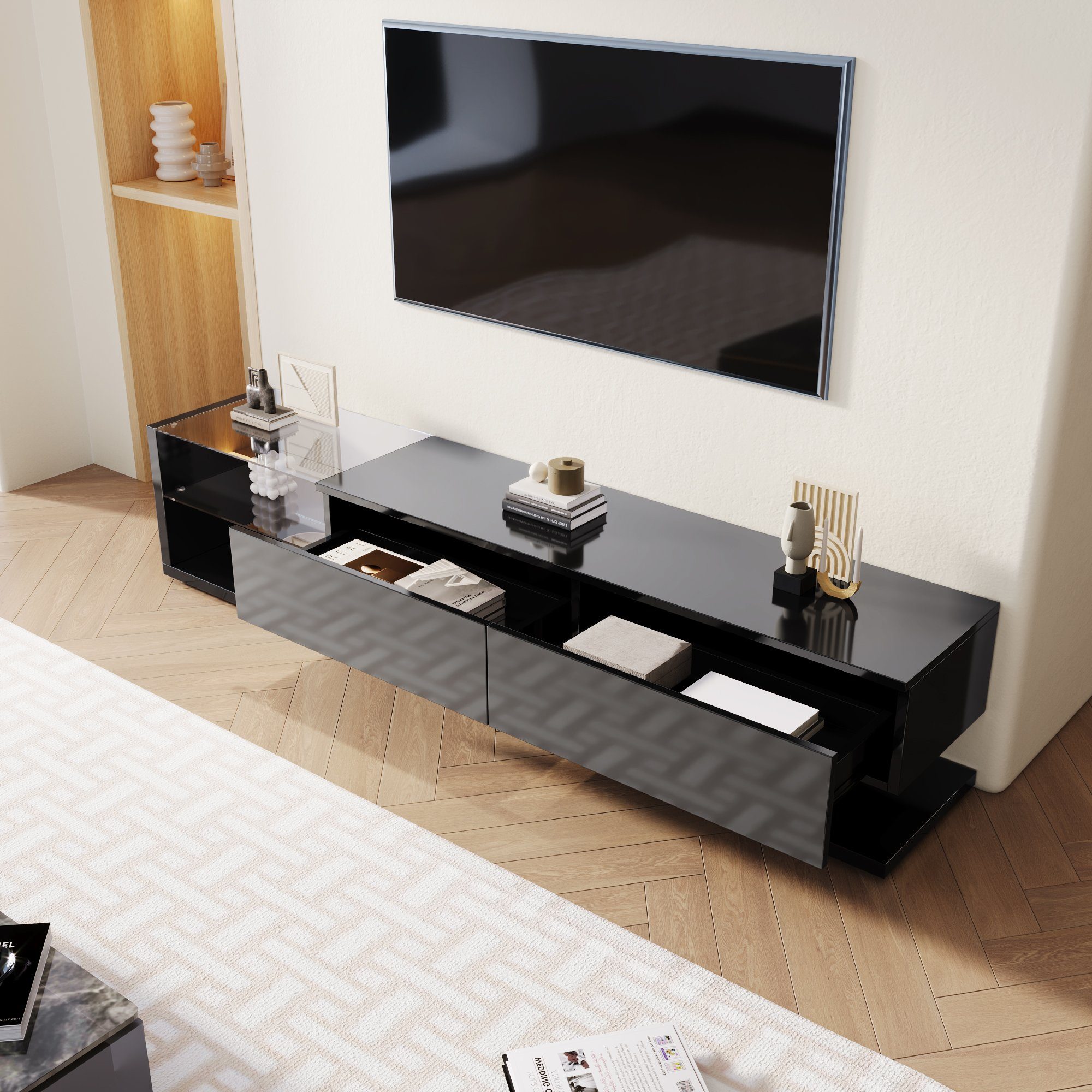 EXTSUD TV-Schrank TV-Schränke, Lowboards, Hochglanz-Wohnzimmermöbel verbindet natürlichen, rustikalen Stil mit modernem Design schwarz
