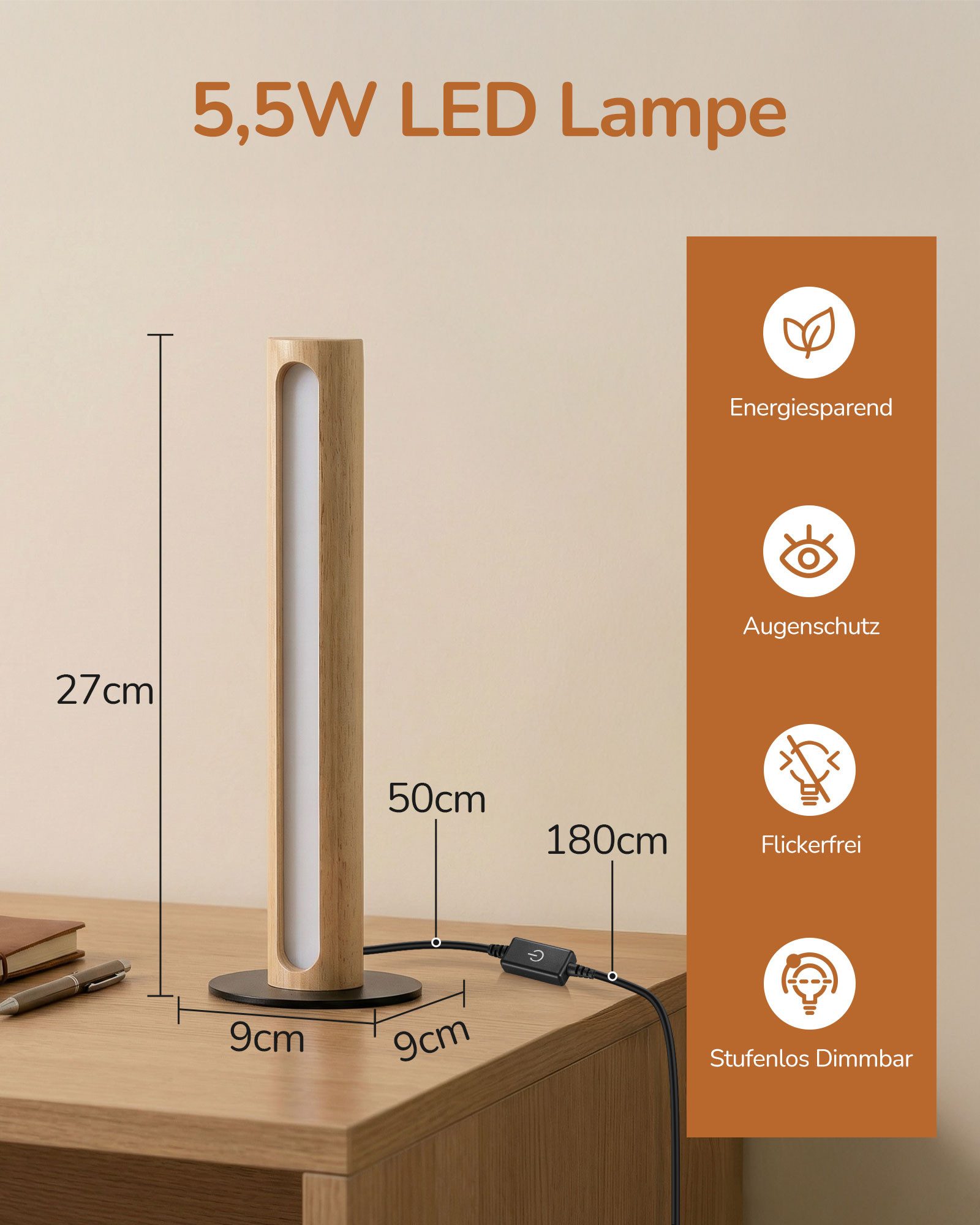 EDISHINE LED Nachttischlampe Säulenlampe aus Holz, LED fest integriert, 300 günstig online kaufen