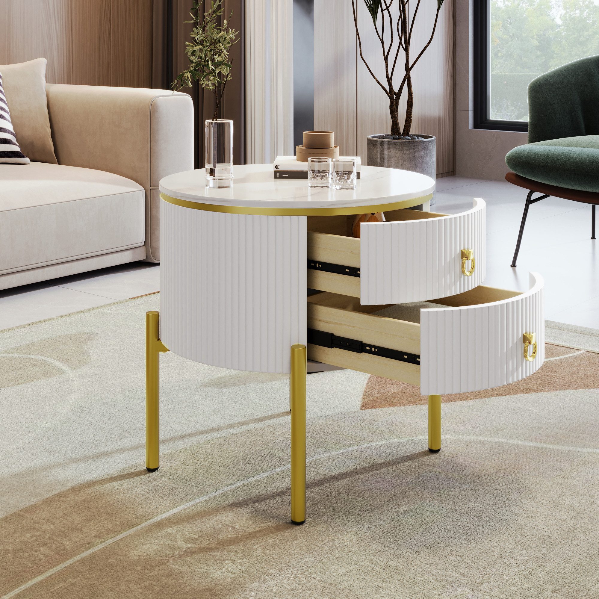 HAUSS SPOLE Couchtisch mit 2 Schubladen, goldenen Beinen und Griffen, verstellbar Weiß (Beistelltisch, 1-St., 50*50*51cm), mit goldenen Beinen und Griffen