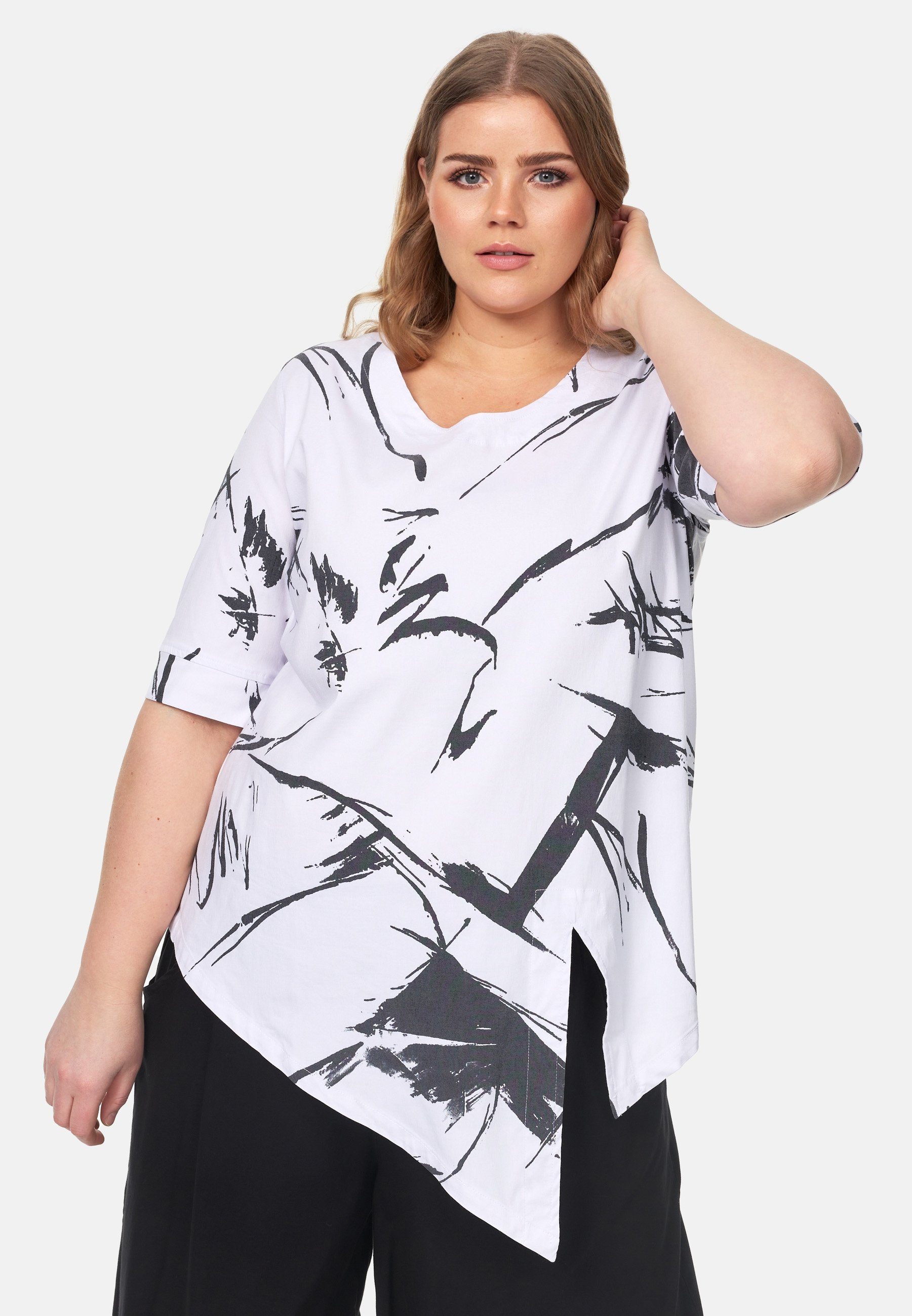 Kekoo Tunikashirt Tunika Shirt in A-Line mit asymmetrischem Saum 'Flora' Weiß Muster