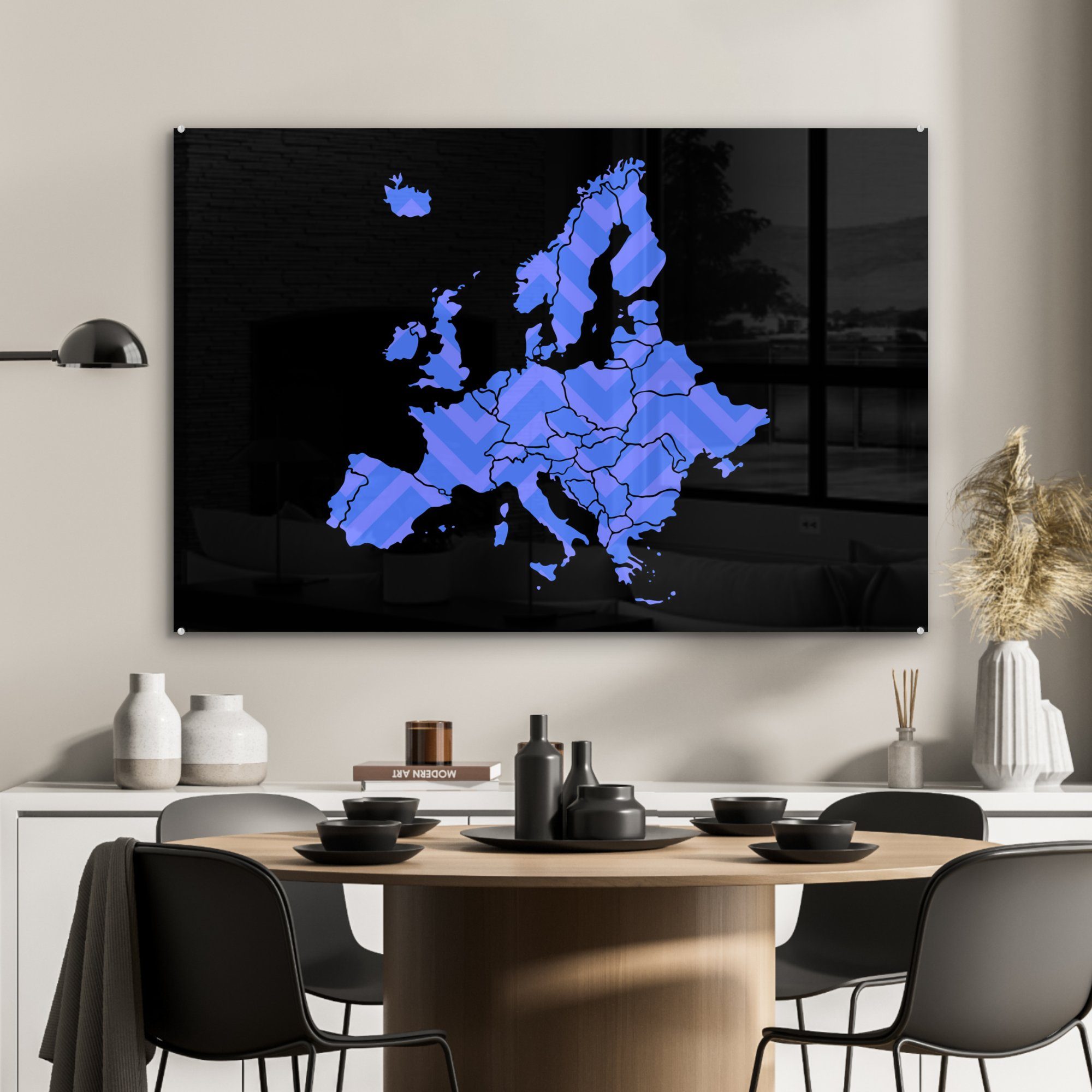 Blau, - Europa Acrylglasbild St), Muster - MuchoWow Wohnzimmer (1 & Schlafzimmer Acrylglasbilder Karte