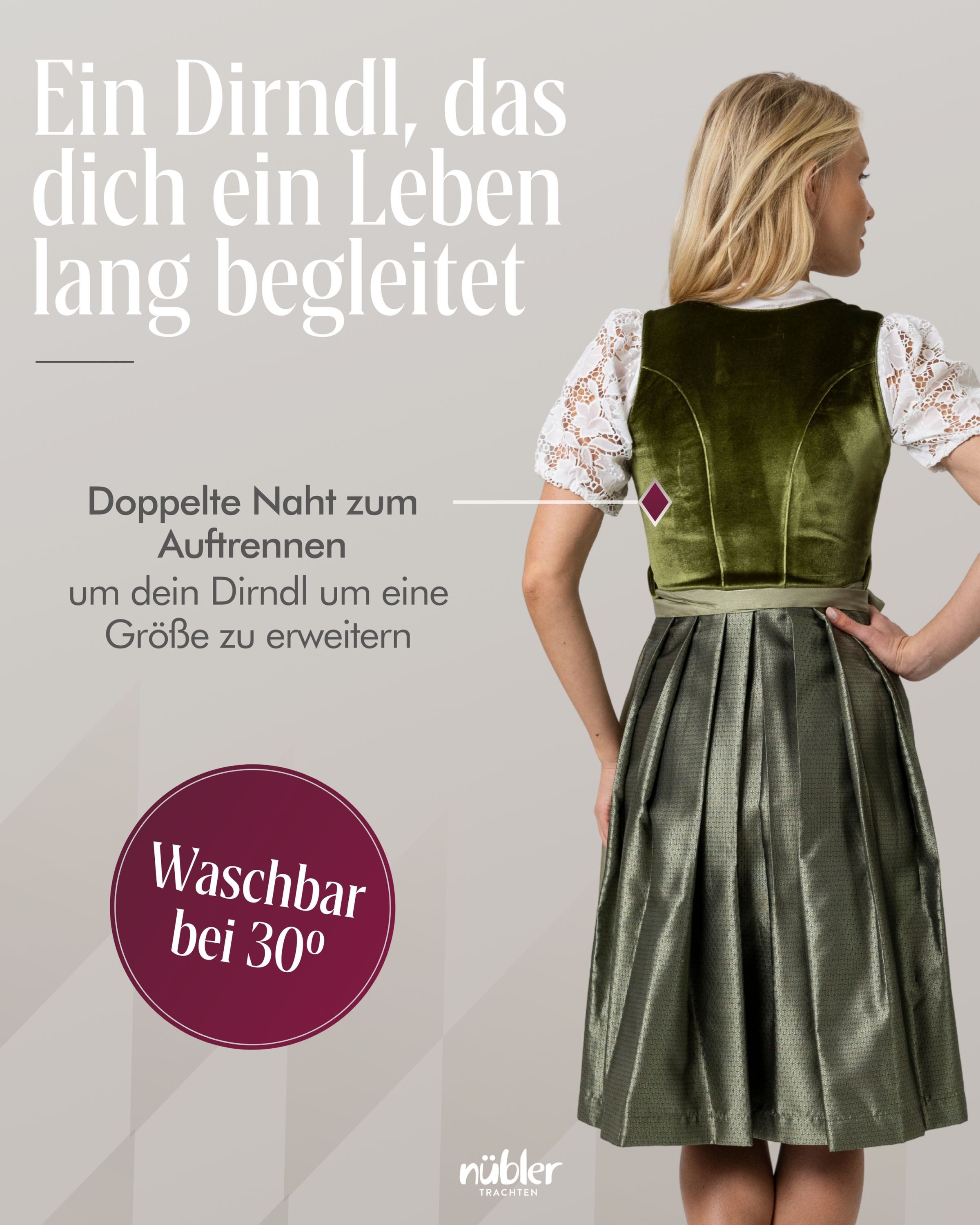 Nübler Trachtenkleid Midi Dirndl Kamila in Grün von Nübler - Rocklänge 60 cm