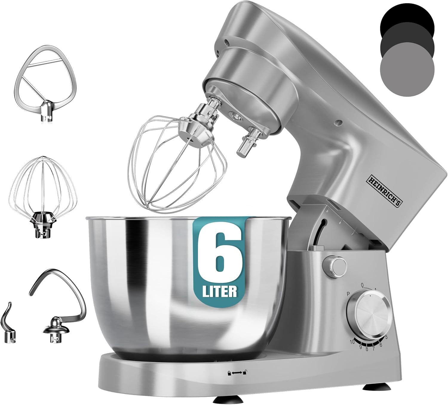 Heinrich´s Küchenmaschine, 1500 W, 6 l Schüssel, 1500W, 6L Edelstahl, 10 Geschwindigkeiten