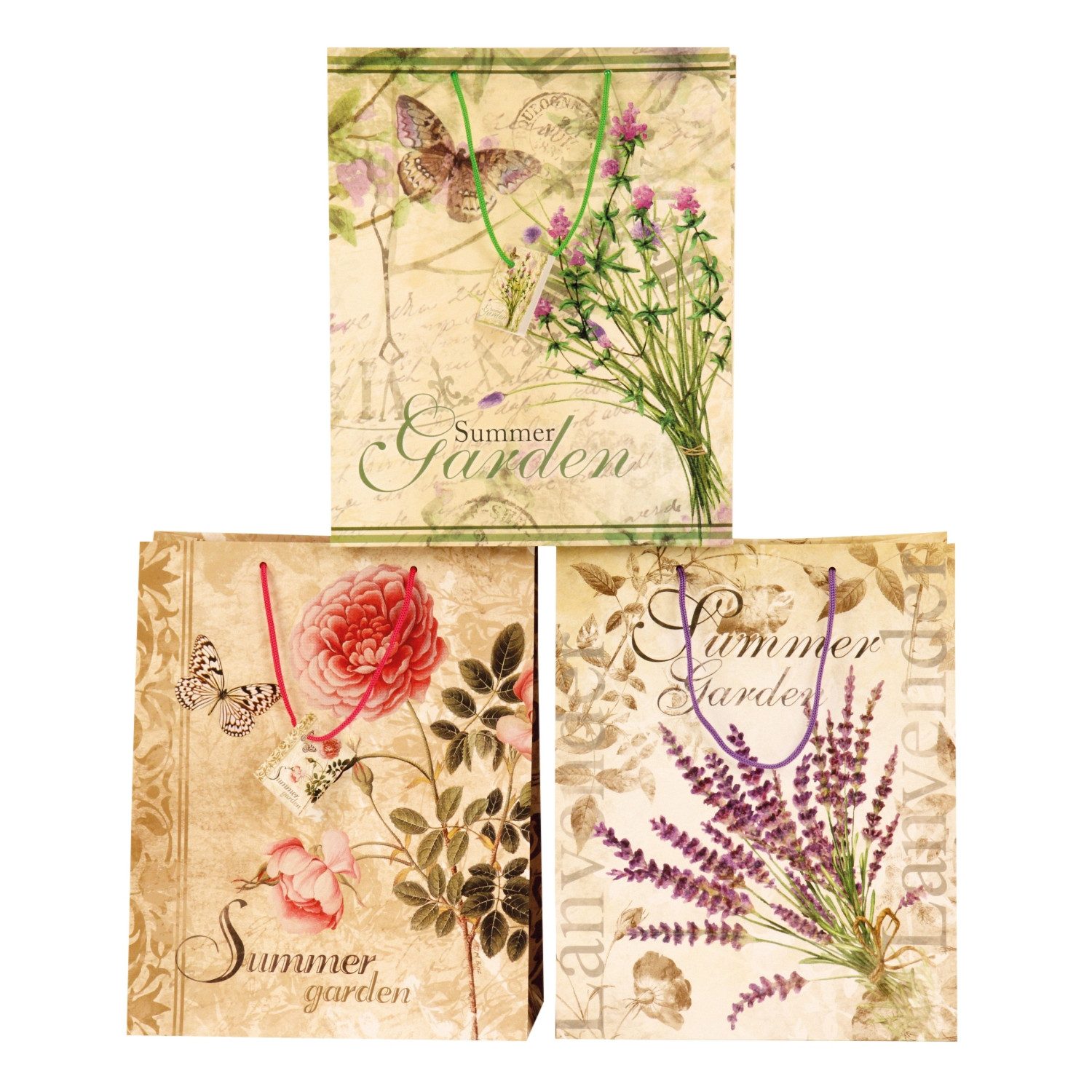 Macosa Home Geschenk-Tragetasche Geschenktaschen 3er Set Vintage Summer Garden Kraftpapier33 cm, (3St), florale Geschenktüten Kordelgriff Geschenkverpackung