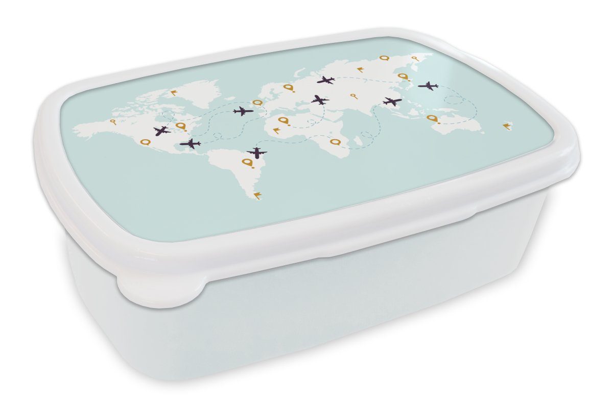 MuchoWow Lunchbox Weltkarte - Flugzeug - Einfach, Kunststoff, (2-tlg), Brotbox für Kinder und Erwachsene, Brotdose, für Jungs und Mädchen weiß | Lunchboxen