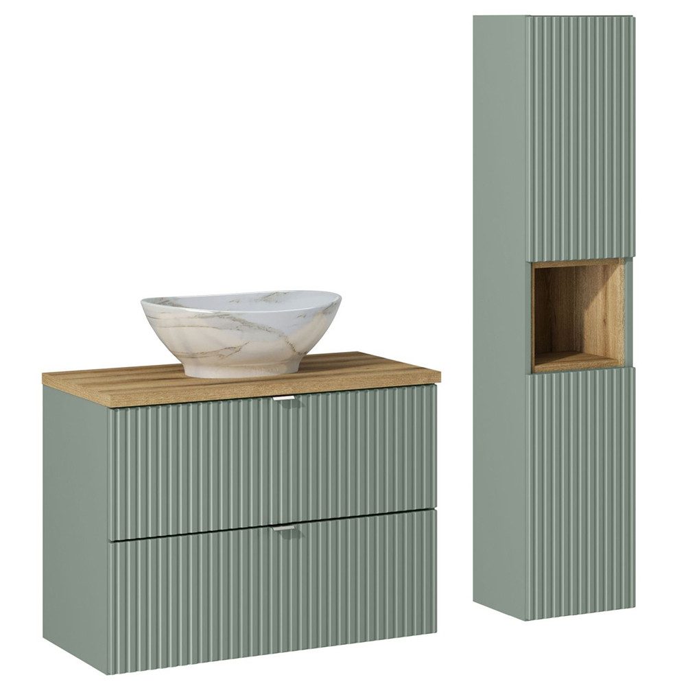 Lomadox Badmöbel-Set NEWPORT-56-GREEN, (Spar-Set, 2-St., Waschtisch Hochschrank), Hochschrank und 80cm Waschtisch mit Waschbecken, Schilfgrün mit Eiche