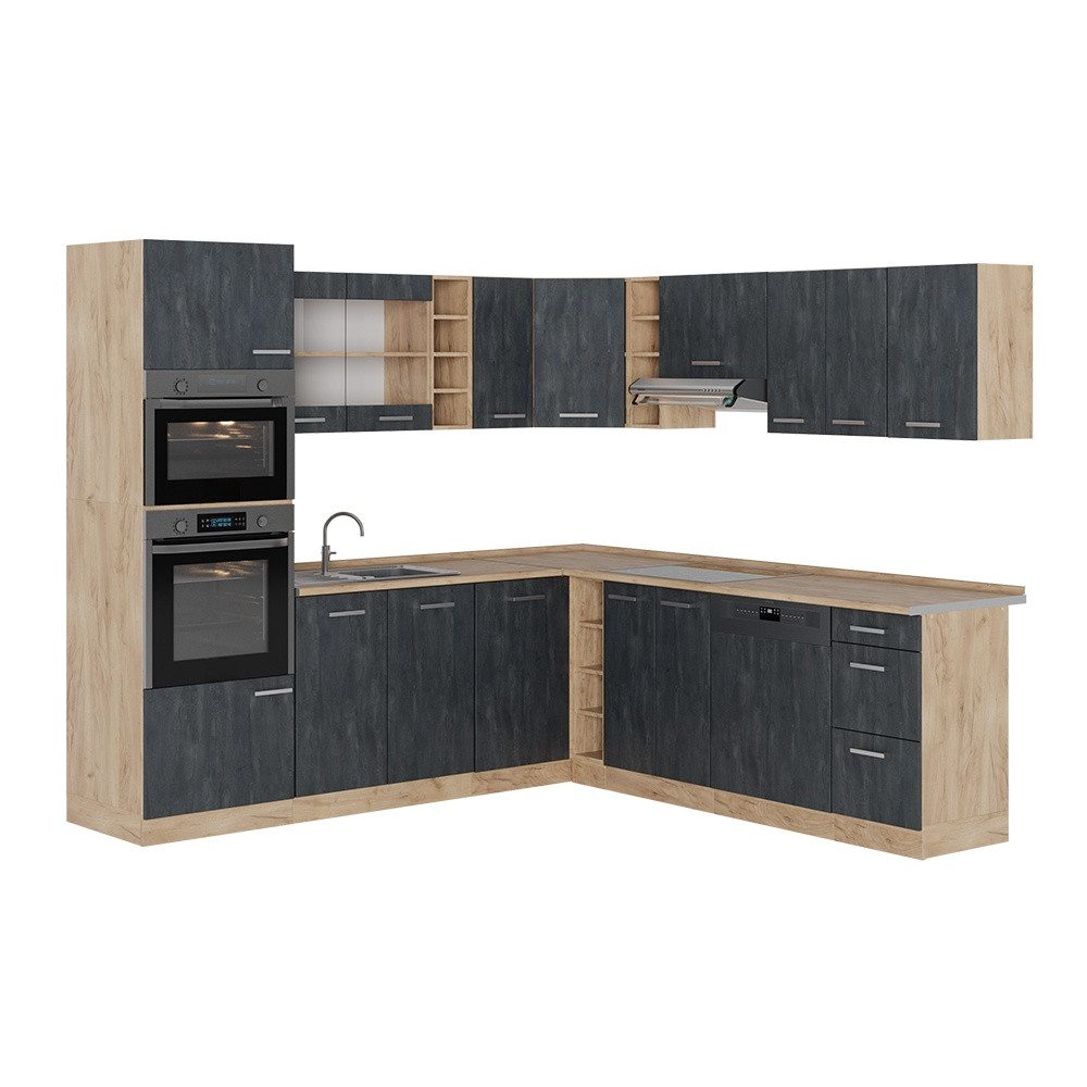 Vicco Winkelküche R-Line, Schwarz Beton/Goldkraft Eiche, 247 x 237 cm ohne Arbeitsplatte