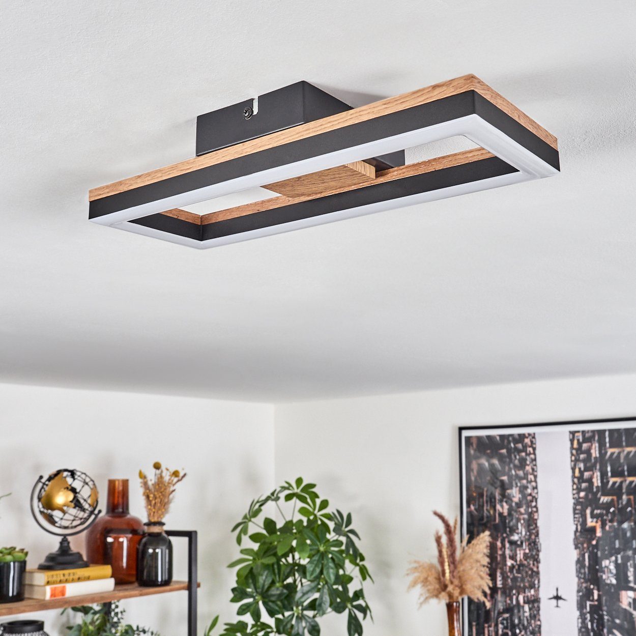 hofstein Deckenleuchte Deckenlampe aus Metall/MDF/Kunststoff in Schwarz/Holzoptik/Weiß, LED fest integriert, 3000 Kelvin, (34,5 cm x 13 cm), 12 Watt, 1350 Lumen, 3000 Kelvin