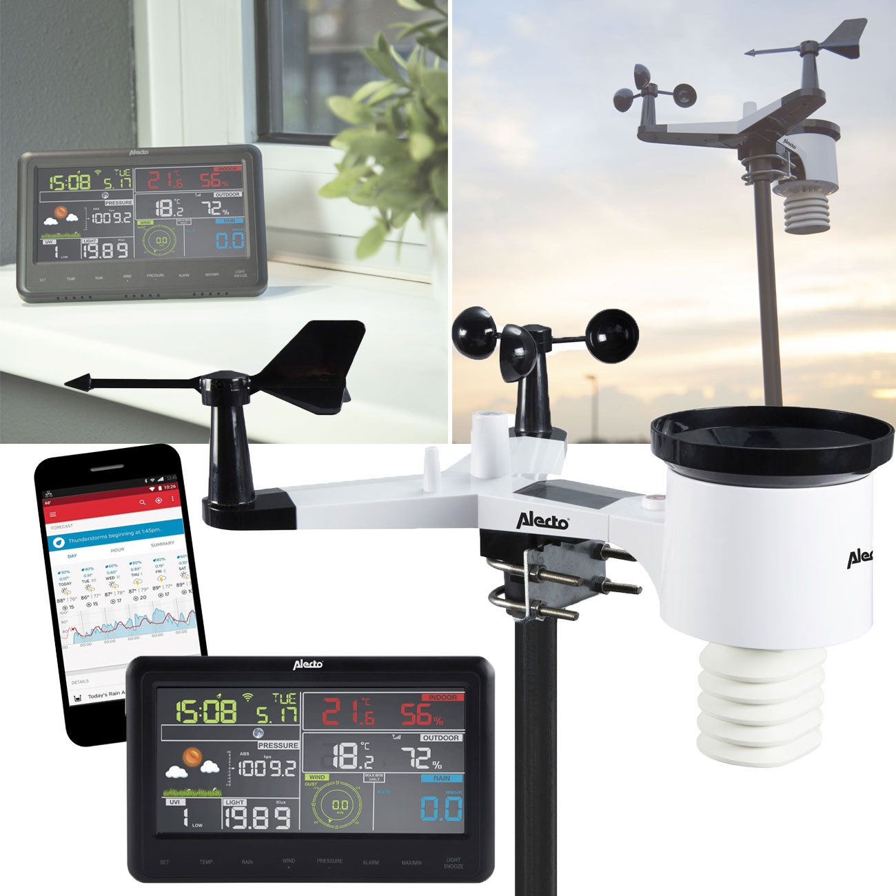 Alecto Profi WLAN-Wetterstation 8-in-1 Solar-Außensensor Reichweite 30m Wetterstation (Farbdisplay mit LED/Hitzeindex, Taupunkt, 24h-Vorhersage)
