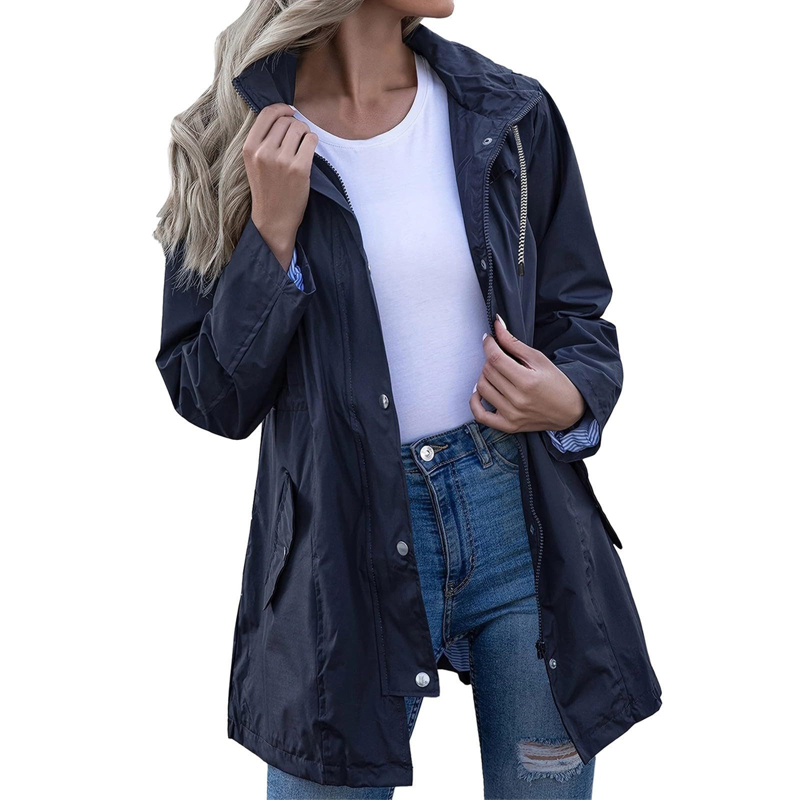 MOPUEA Regenjacke Damen-Windjacke mit Streifenfutter und Kapuze, wasserdichte Regenjacke