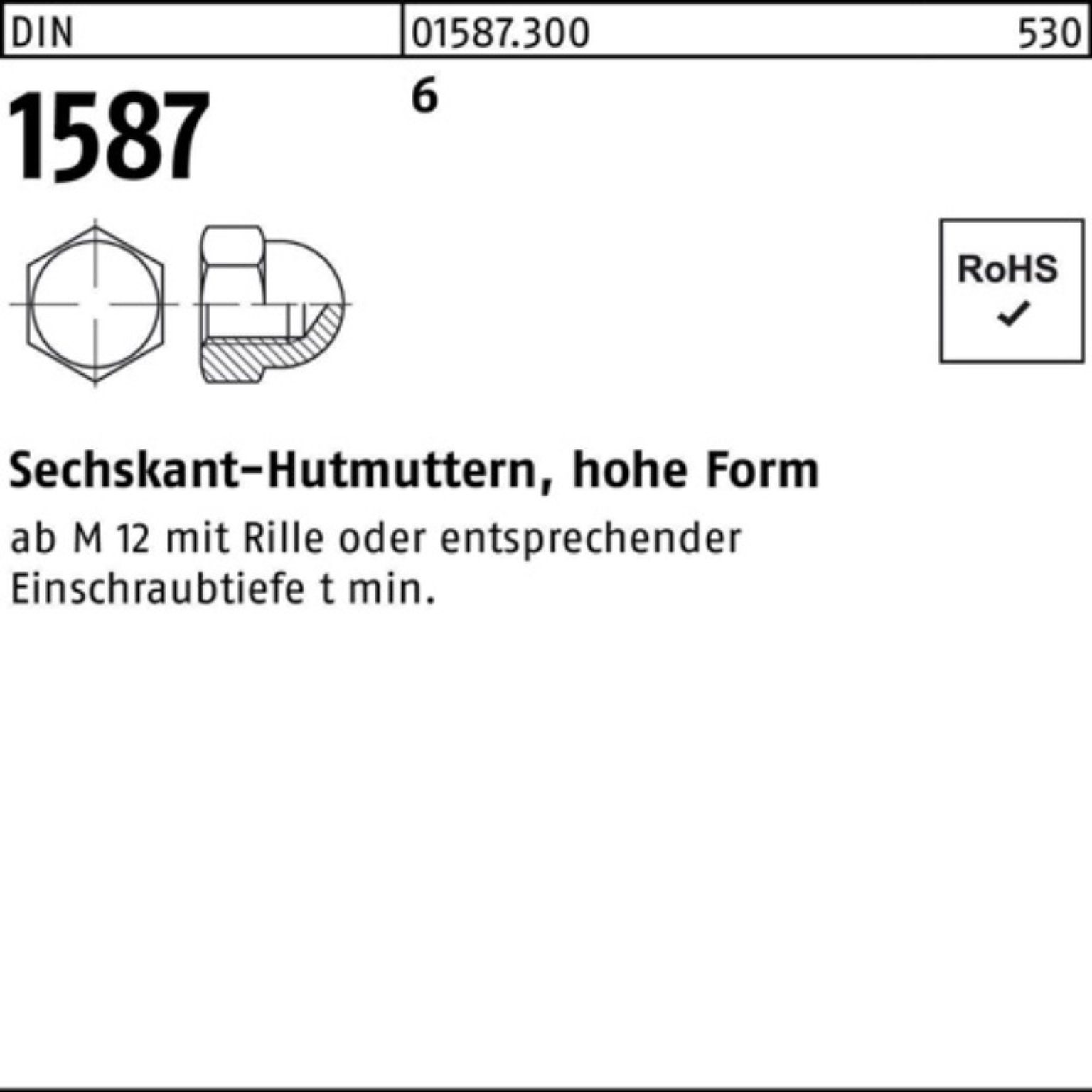 Reyher Hutmutter 500er Pack Sechskanthutmutter DIN 1587 M8 6 hohe Form500 Stück DIN 15