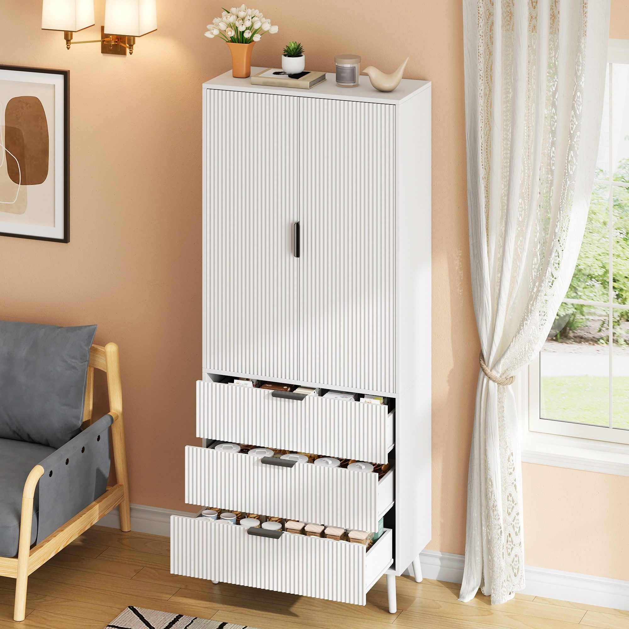 Flieks Hochschrank Vorratsschrank mit 3 Schubladen, Türablagen, verstellbar Einlegeböden (Massivholzbeine, 75x35x180 cm, 1-St., für Küche, Wohnzimmer, Esszimmer – Bild 4 von 5