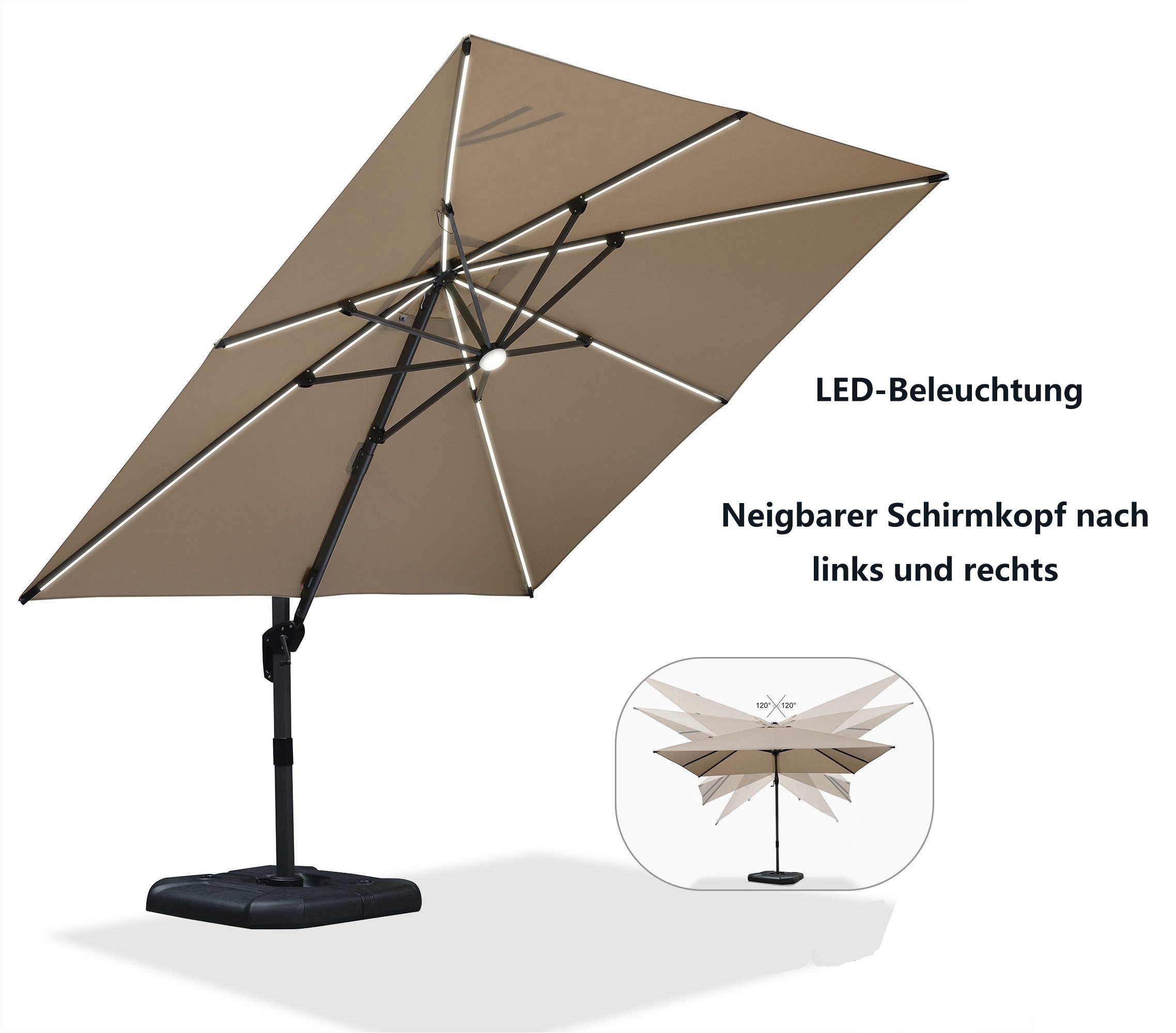 Ampelschirm Quadrat Alu Balkonschirm, Groß Sonnenschirm LED