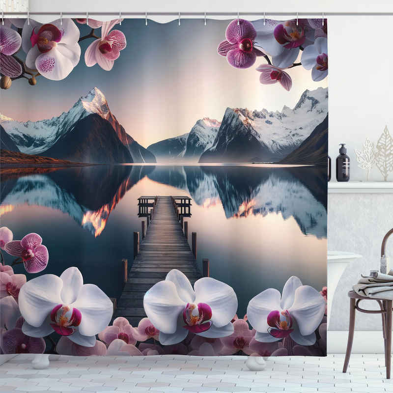 Abakuhaus Duschvorhang Moderner Digitaldruck mit 12 Haken auf Stoff Wasser Resistent Breite 175 cm, Höhe 180 cm, See Frühlingszeit Orchideen und Berge