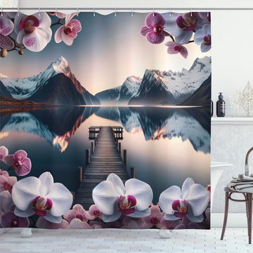 Abakuhaus Duschvorhang Moderner Digitaldruck mit 12 Haken auf Stoff Wasser Resistent Breite 175 cm, Höhe 180 cm, See Friedliche Orchidee Ruhige Berge