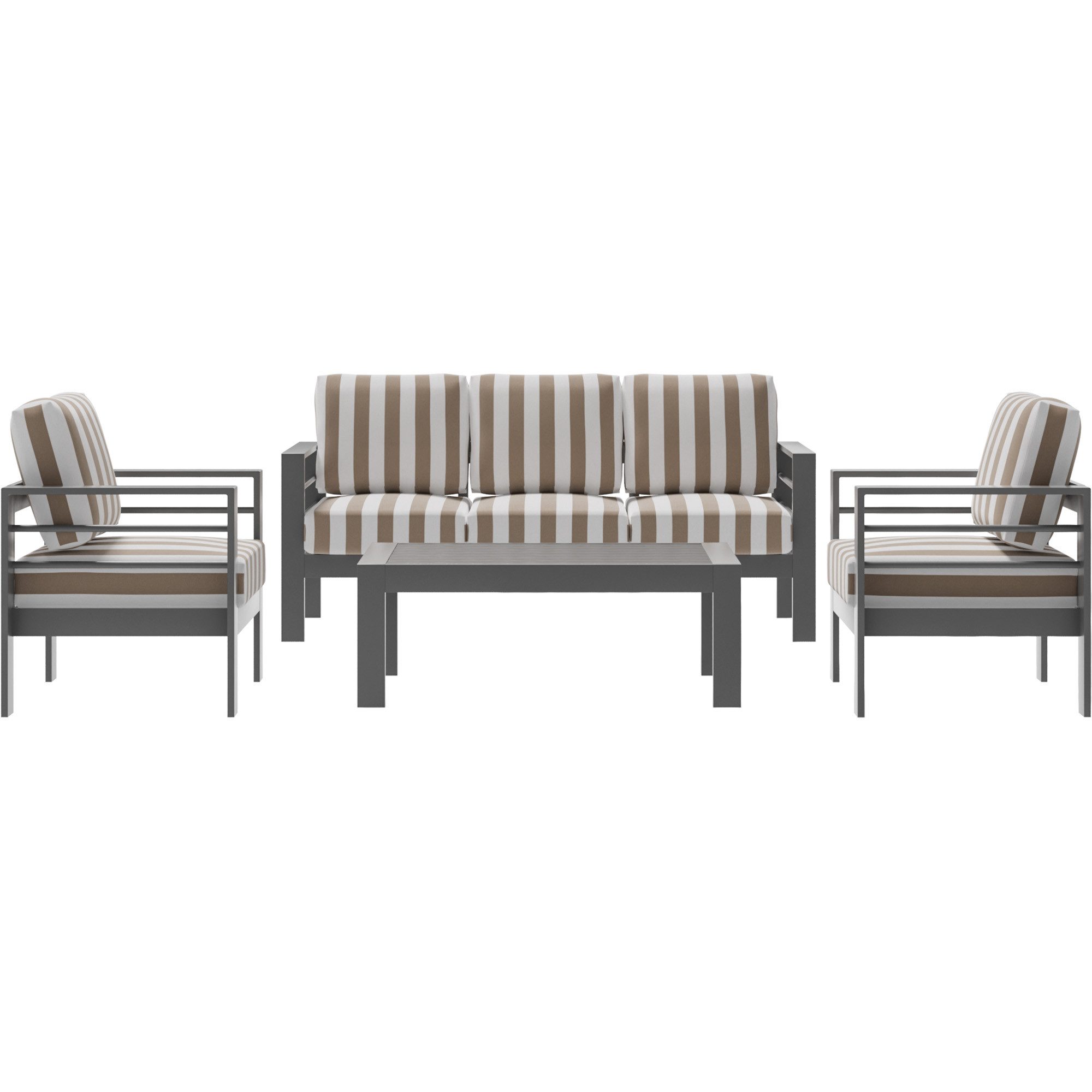 MeXo Gartenlounge-Set Gartenmöbel Set 4-5 Personen Aluminium Wetterfest, (12cm Deluxe Relax-Sitzkissen mit gestreiftem Wechselbezug, 4-tlg., Belastbarkeit pro Sitzplatz 140kg), Lounge Gartenmöbelset mit Tisch, Luxus Relax