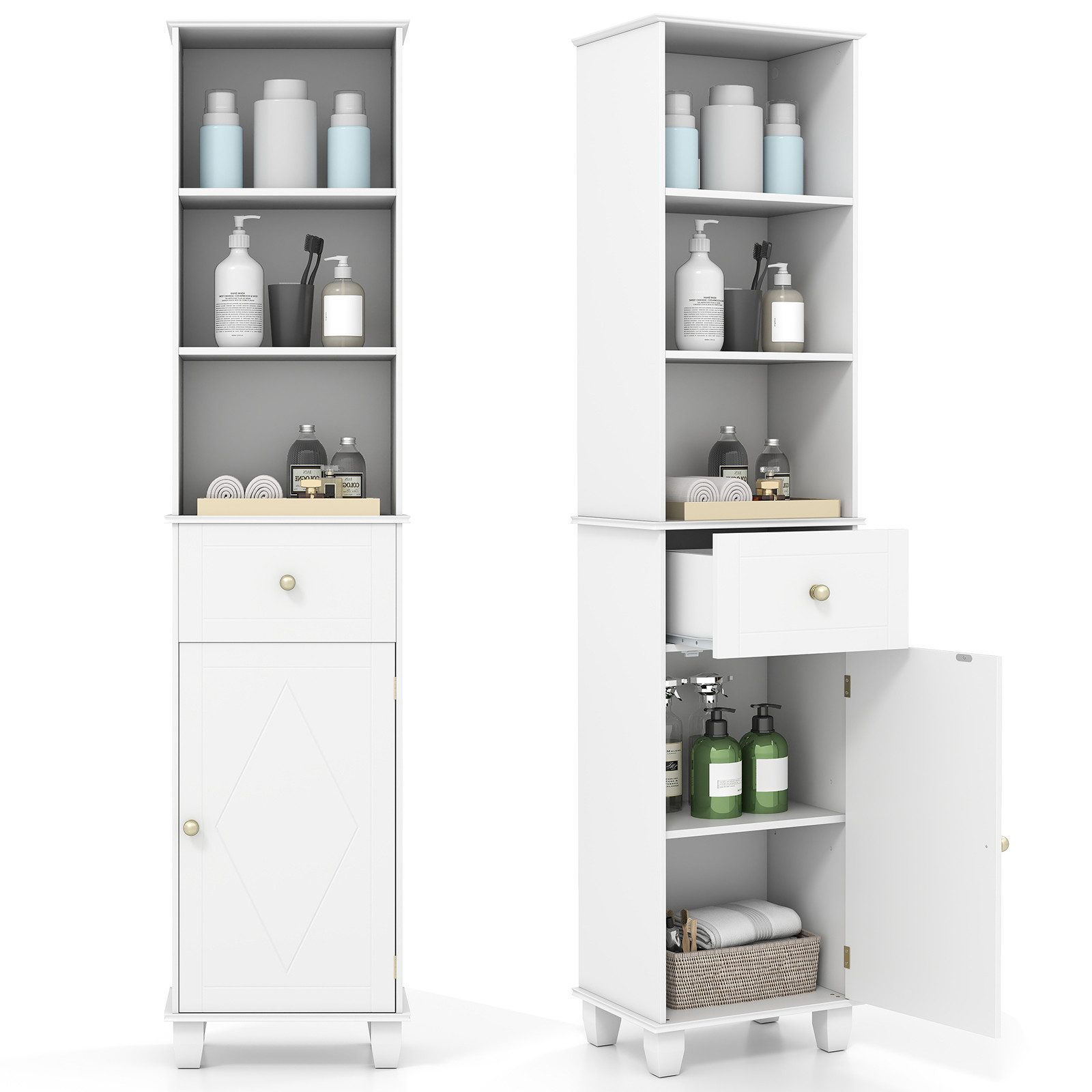 COSTWAY Badkommode, schmal Hochschrank Bad mit Schublade Holz 172cm