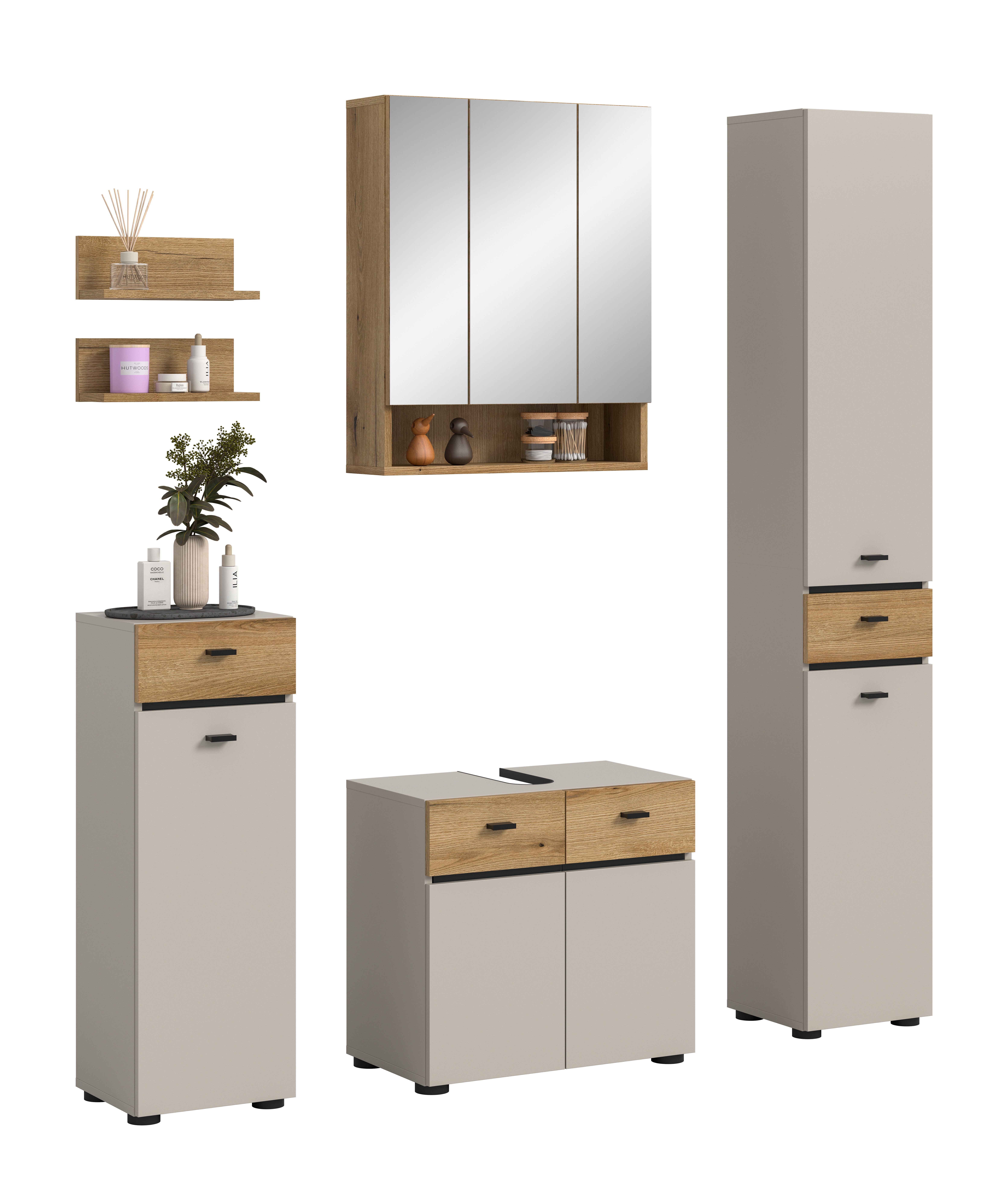 furnling Badmöbel-Set Aquia, (5-St., Hochschrank, Spiegelschrank, Standschrank, WBU, Regal-Set), matte Kaschmir Front, verstellbare Einlegeböden, Breite 154 cm