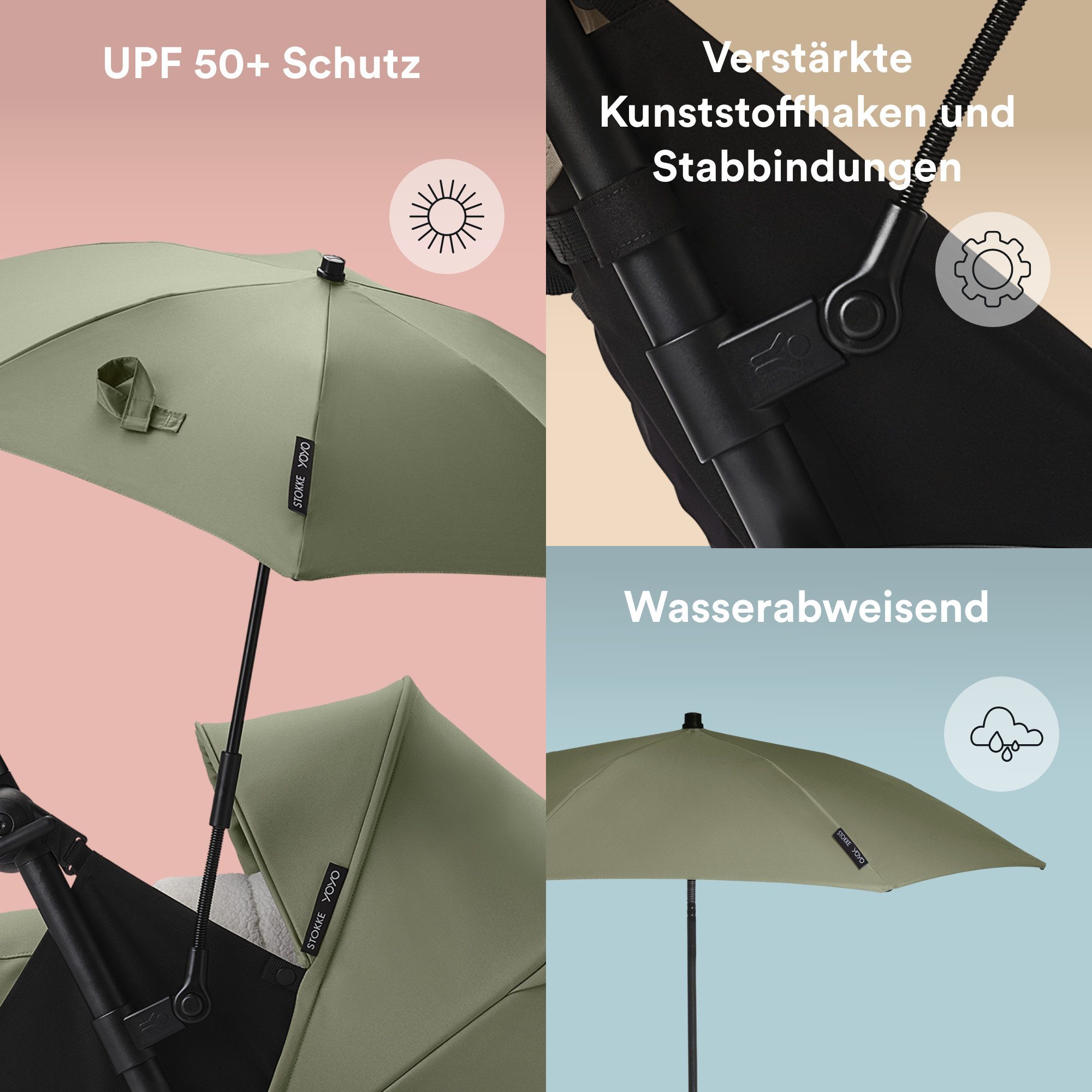Stokke Kinderwagenschirm YOYO Sonnenschirm - UPF 50+ Schutz, verbesserte Deckkraft, YOYO Kinderwagen mit 0+ Neugeborenen Set, Liegewanne oder 6+ Textilset