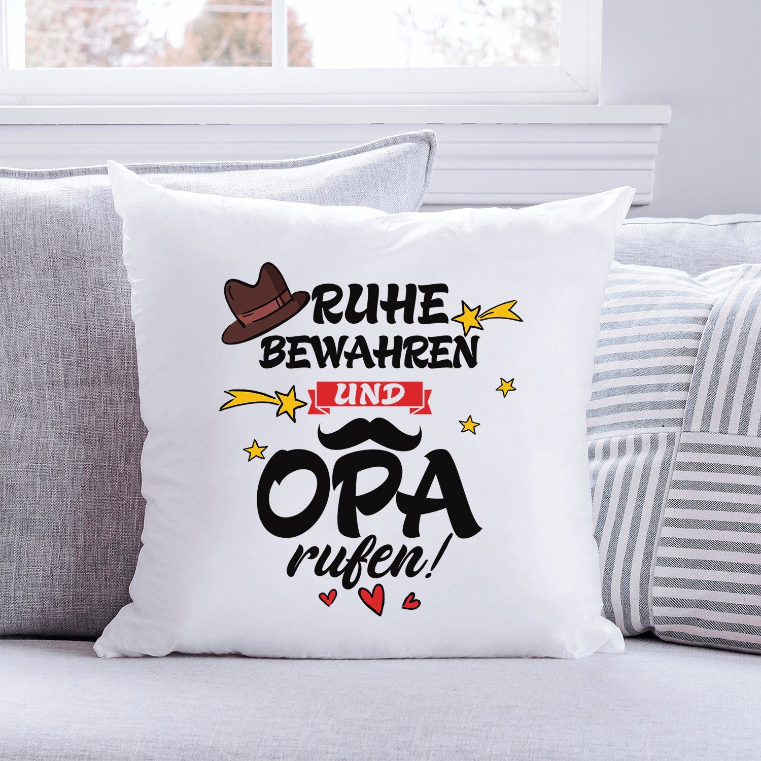 GRAVURZEILE Zierkissen mit Spruch - Ruhe bewahren und Opa rufen - Geschenk für Familie -, starke Farben ohne verblassen, Maschinenwäsche geeignet - ohne Füllung