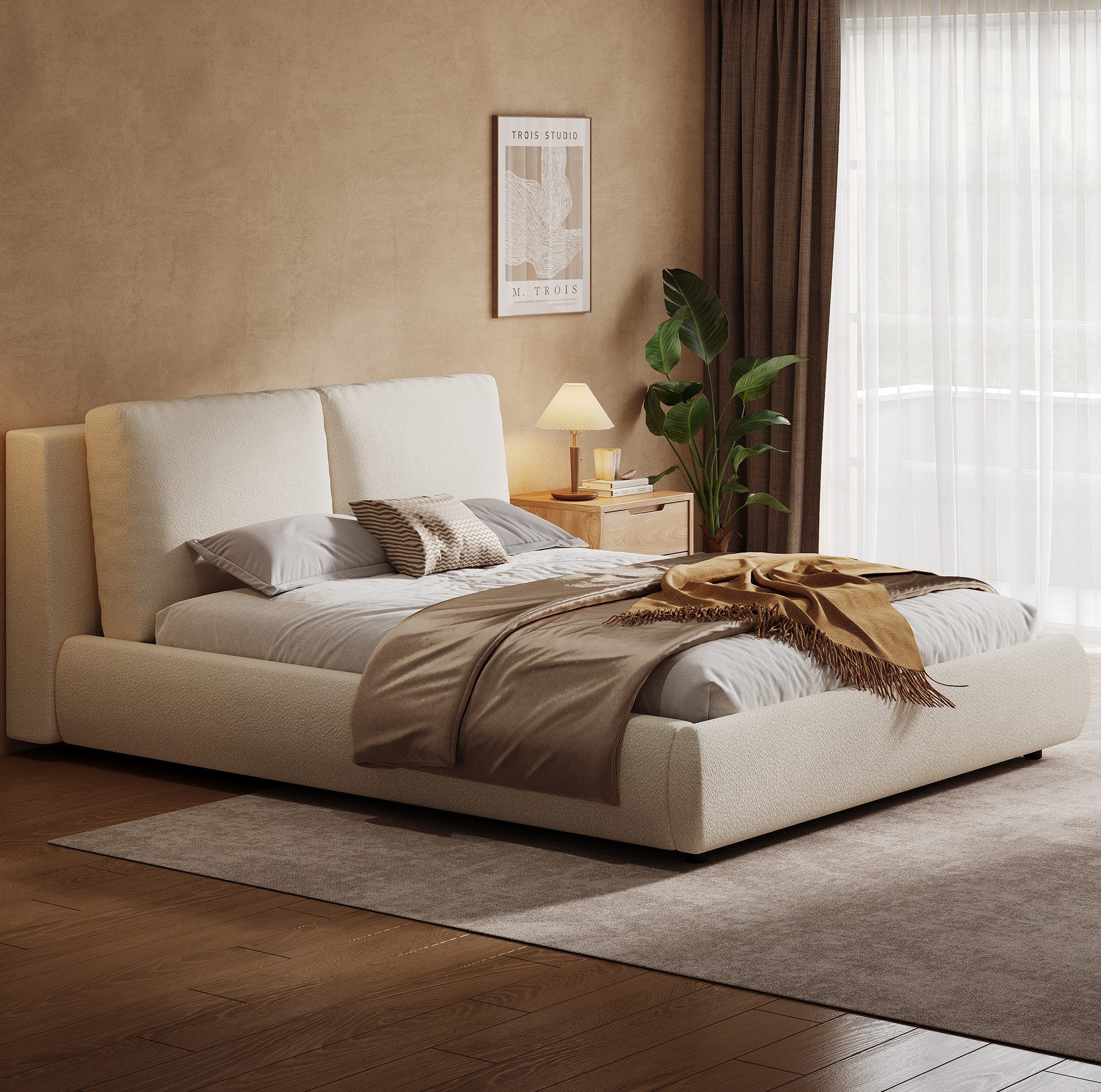 OKWISH Polsterbett Polsterbett 180x200 cm mit Bouclé-Bezug (Packung, Beige, 180×200 cm, 12 cm Kopfteil, ohne Matratze), bequeme Polsterung, Bouclé-Bezug