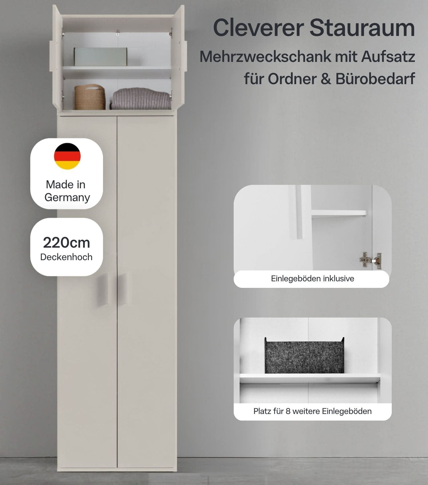 mokebo Mehrzweckschrank Der Extralange (60x230 cm) Made in Germany, Aktenschrank, Flurschrank, Schuhschrank in Beige – Bild 2 von 5