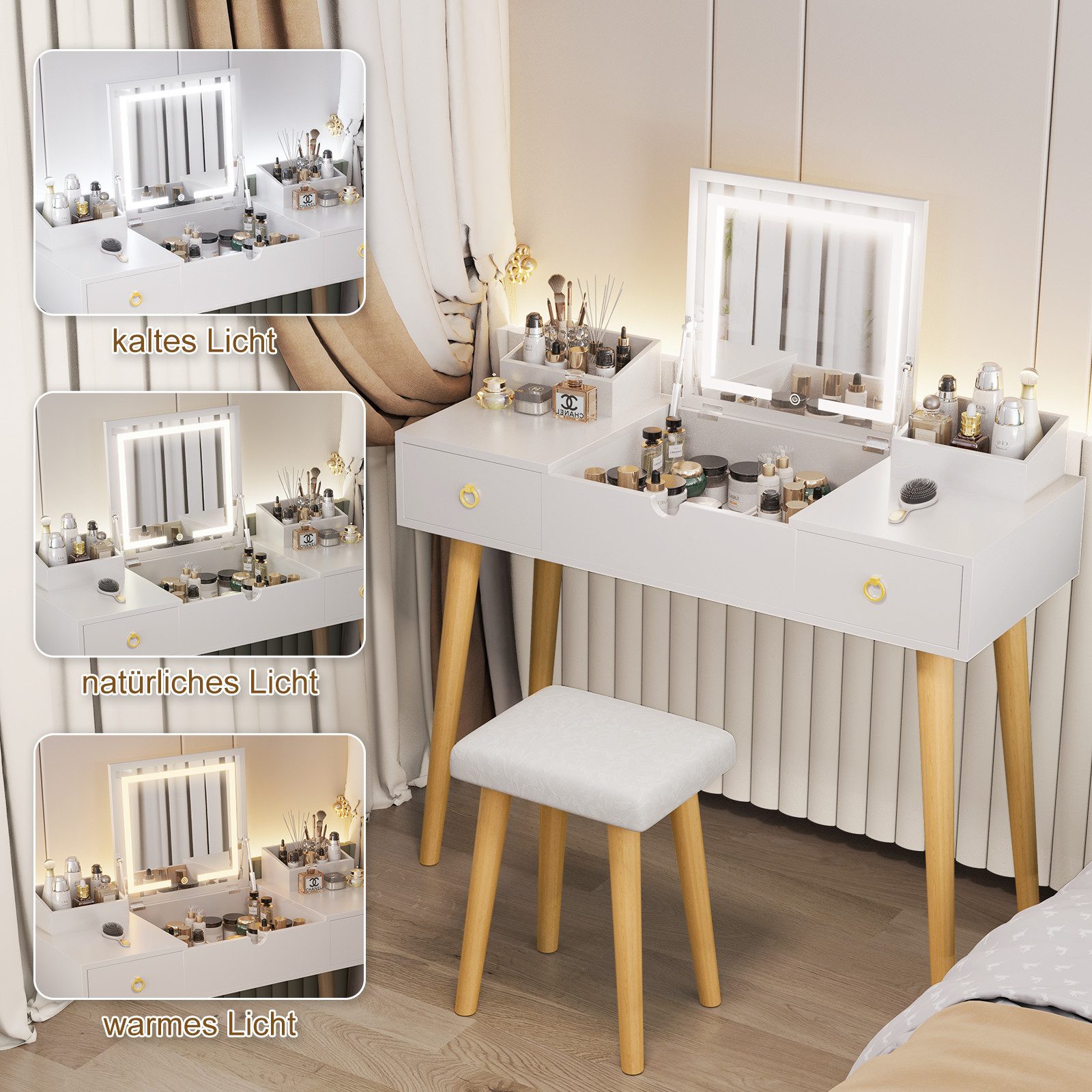 Gywowken Schminktisch 2‑in‑1 mit LED‑Spiegel und Hocker, 100cm, 3‑farbig einstellbares Licht (3‑farbig einstellbares Licht), Breite 100 cm – Bild 3 von 5