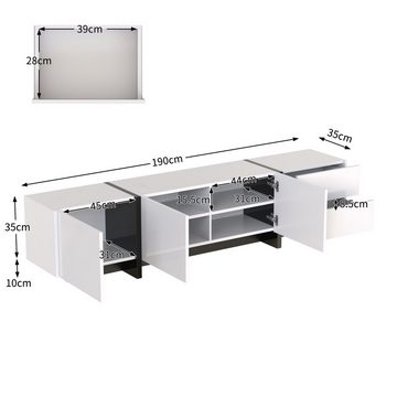BlingBin TV-Schrank lowboard (1-St., Hochglanz-Weiß und Schwarz, Breite 190 cm) Drei Türen, zwei Schubladen, mit Regalen