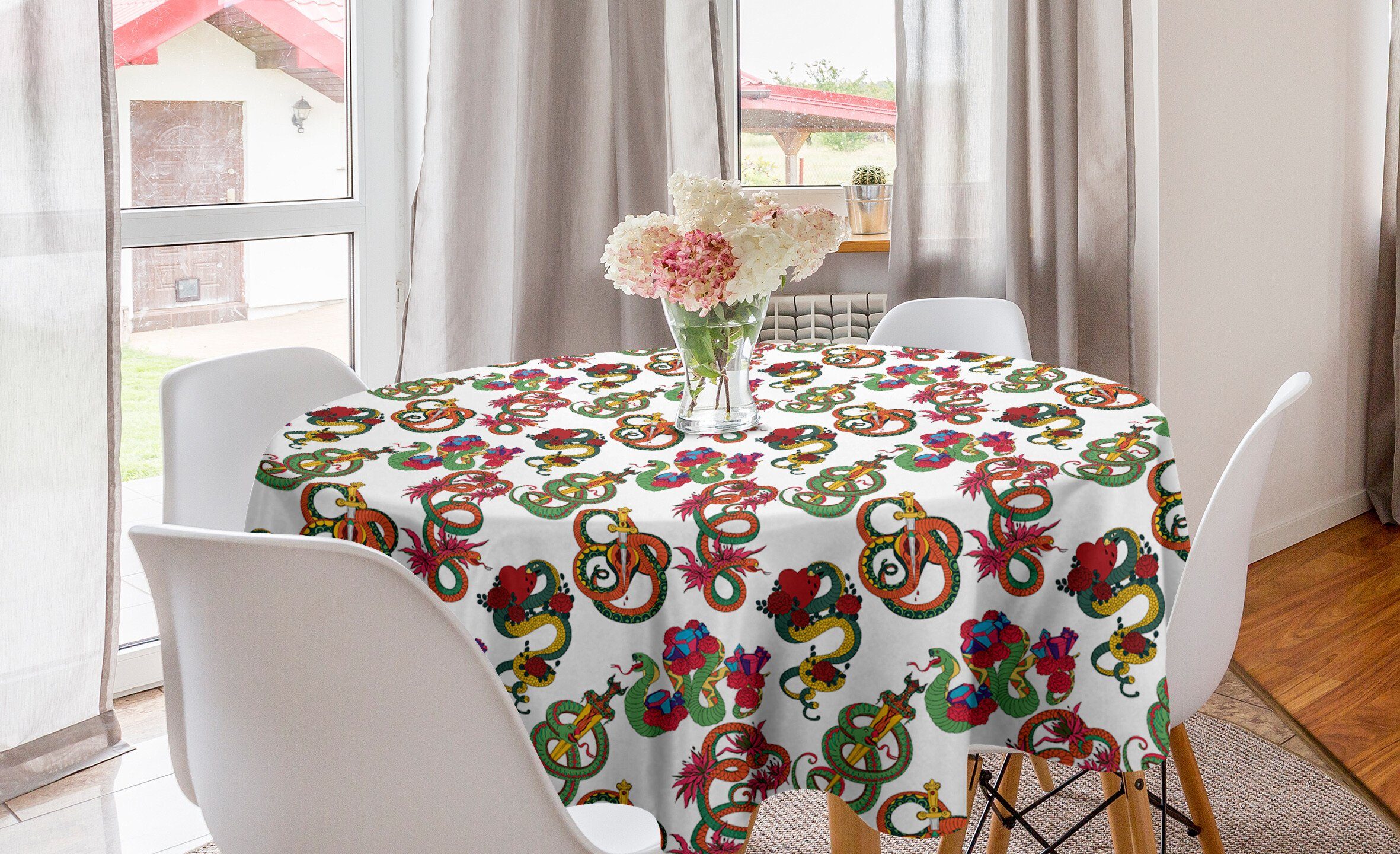 Tischdecke Blumen für Kreis Dekoration, Abakuhaus Tischdecke Drachen Ornament Esszimmer und Abdeckung Schlangen Küche