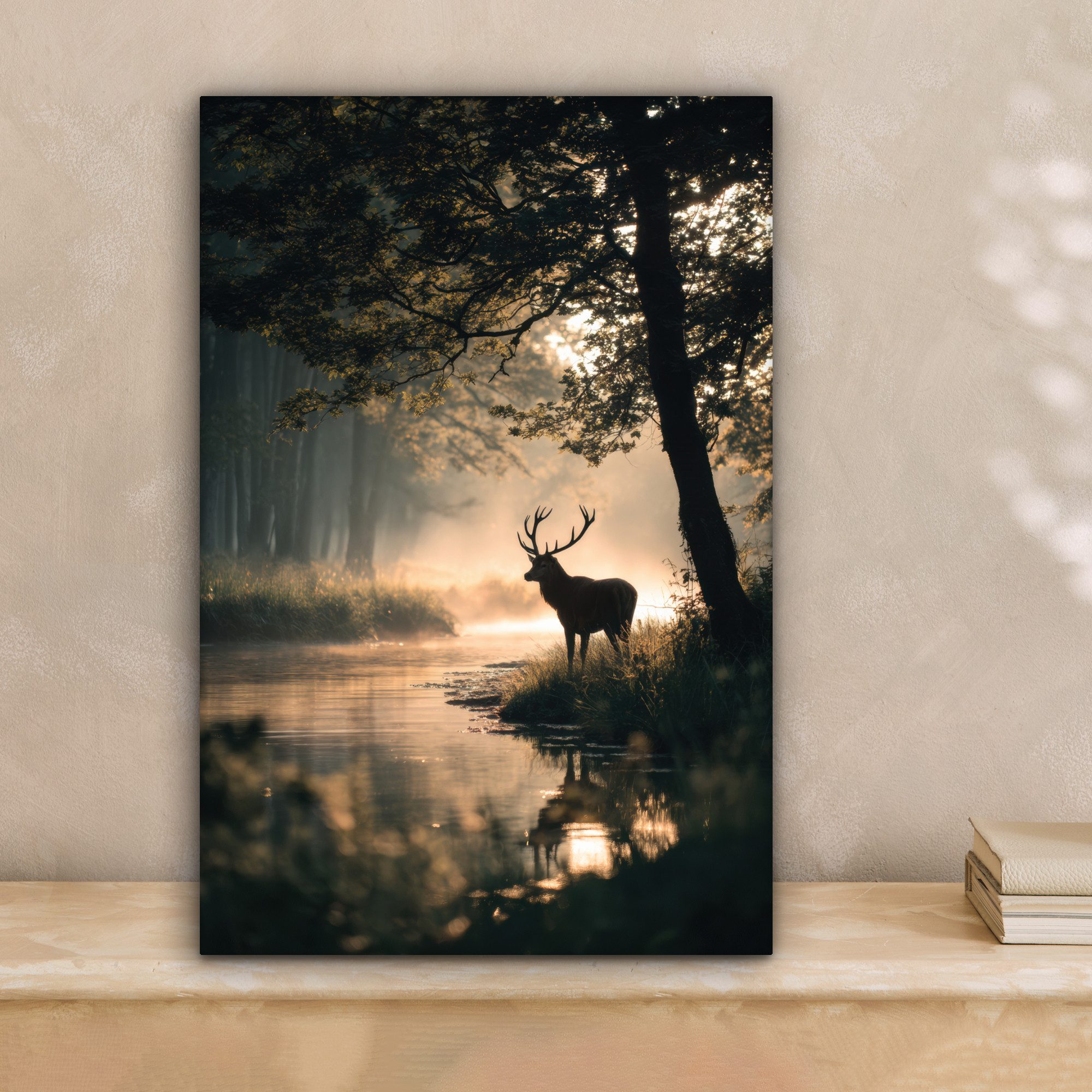 OneMillionCanvasses® Leinwandbild Hirsche - Waldbach - Mystisch, Fotodruck günstig online kaufen