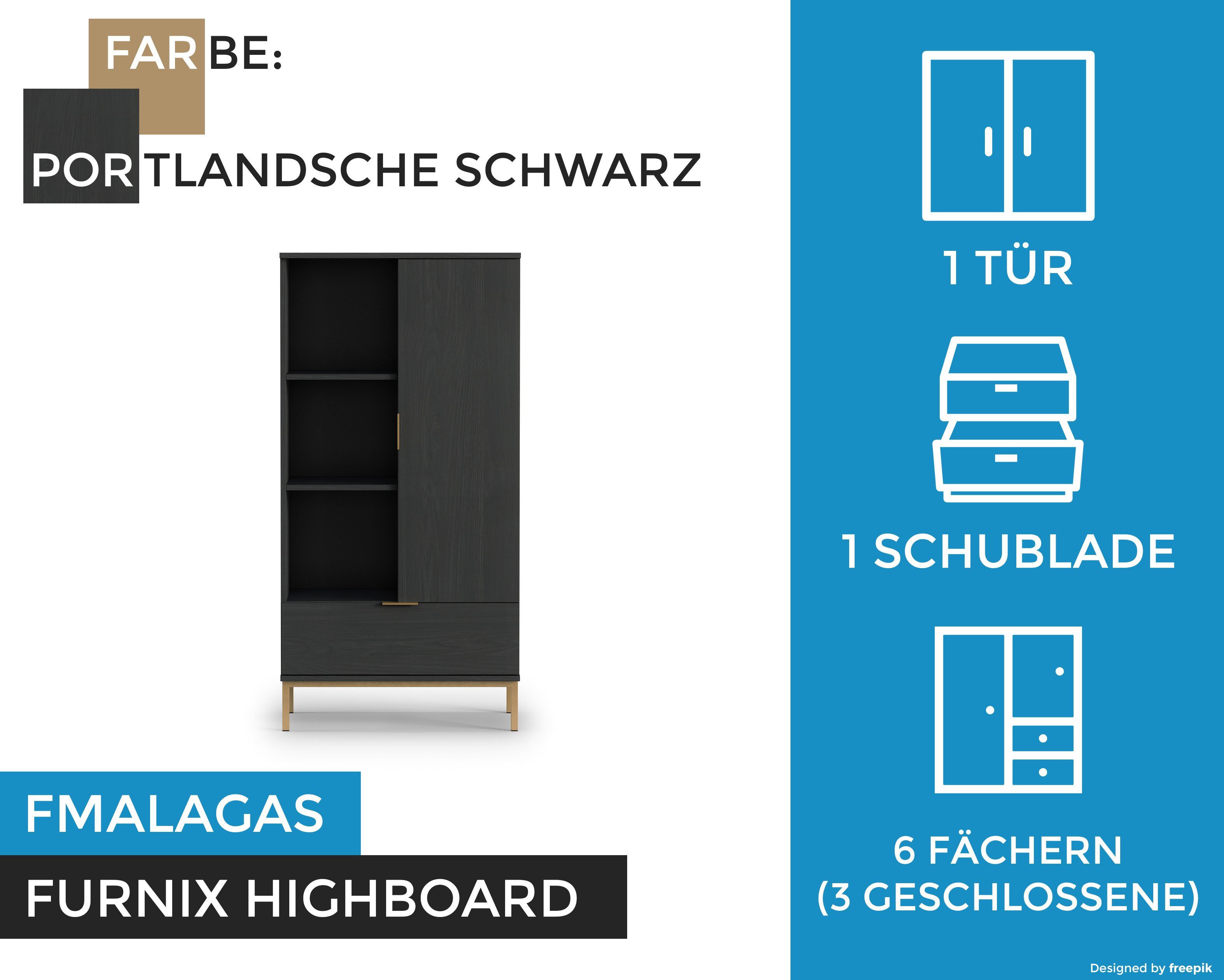 Furnix Glasvitrine FMALAGAS R70 Highboard T41 Tür Metallgestell in schwarz Marineblau Altgoldoptik Portlandsche B70 H140 cm, oder Schublade Schwarz x mit x