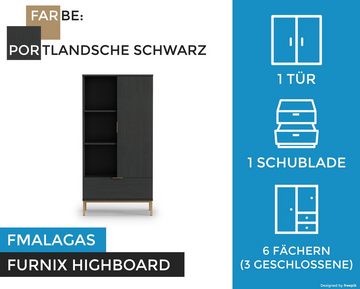 Furnix Glasvitrine FMALAGAS R70 Highboard mit Schublade Tür Marineblau oder Schwarz B70 x H140 x T41 cm, Metallgestell in Altgoldoptik