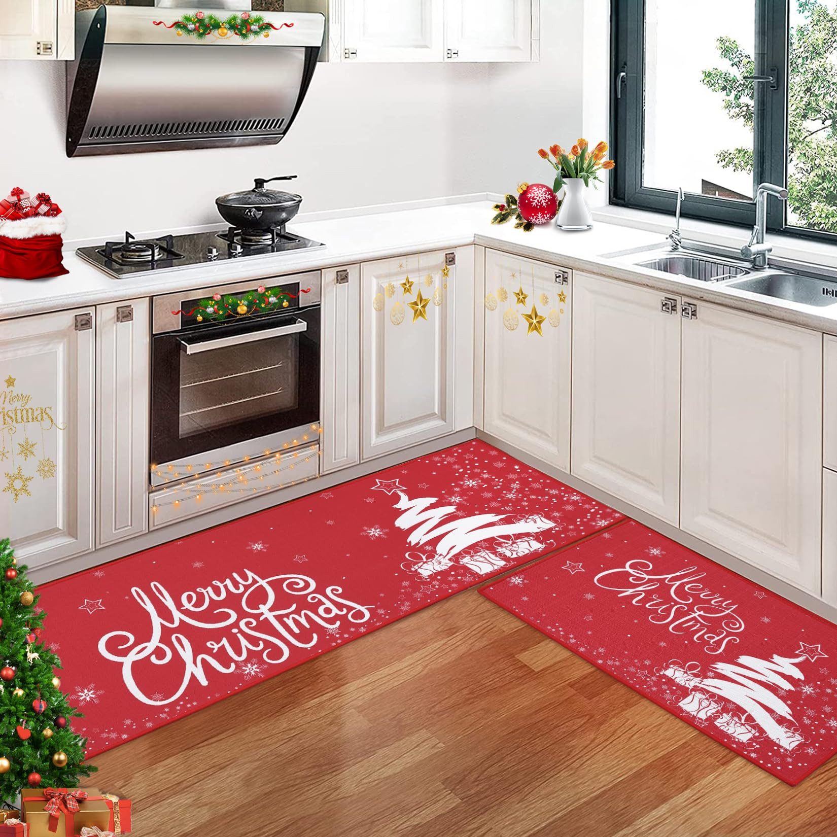 GarveeMore Küchenläufer 2‑tlg Weihnachts‑Küchenteppich‑Set 40×60+40×120cm, Weihnachtsmotiv, rutschfester Gummirücken, Polyester‑Gewebe für Küche & Eingang