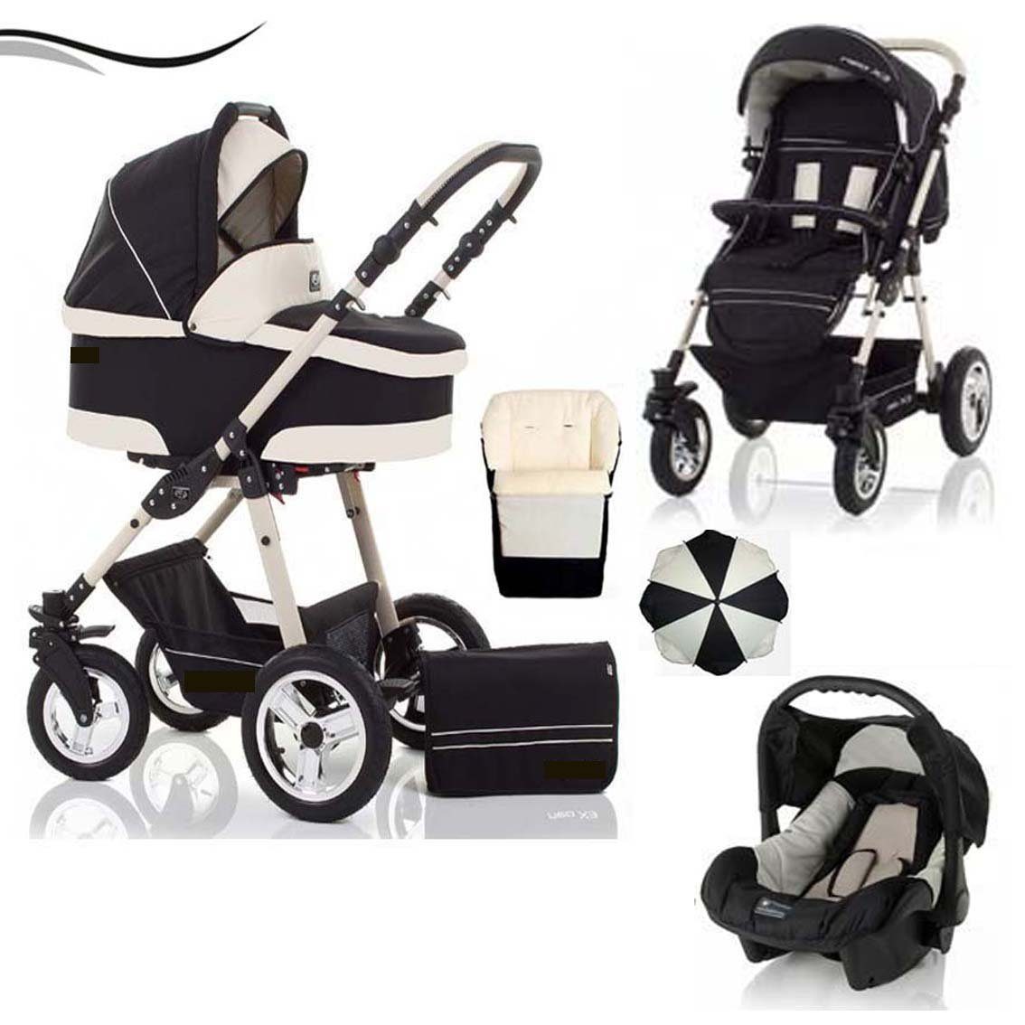 babies-on-wheels Kombi-Kinderwagen City Star 5 in 1 inkl. Autositz, Sonnenschirm und Fußsack - 18 Teile - von Geburt bis 4 Jahre in 16 Farben Schwarz-Creme