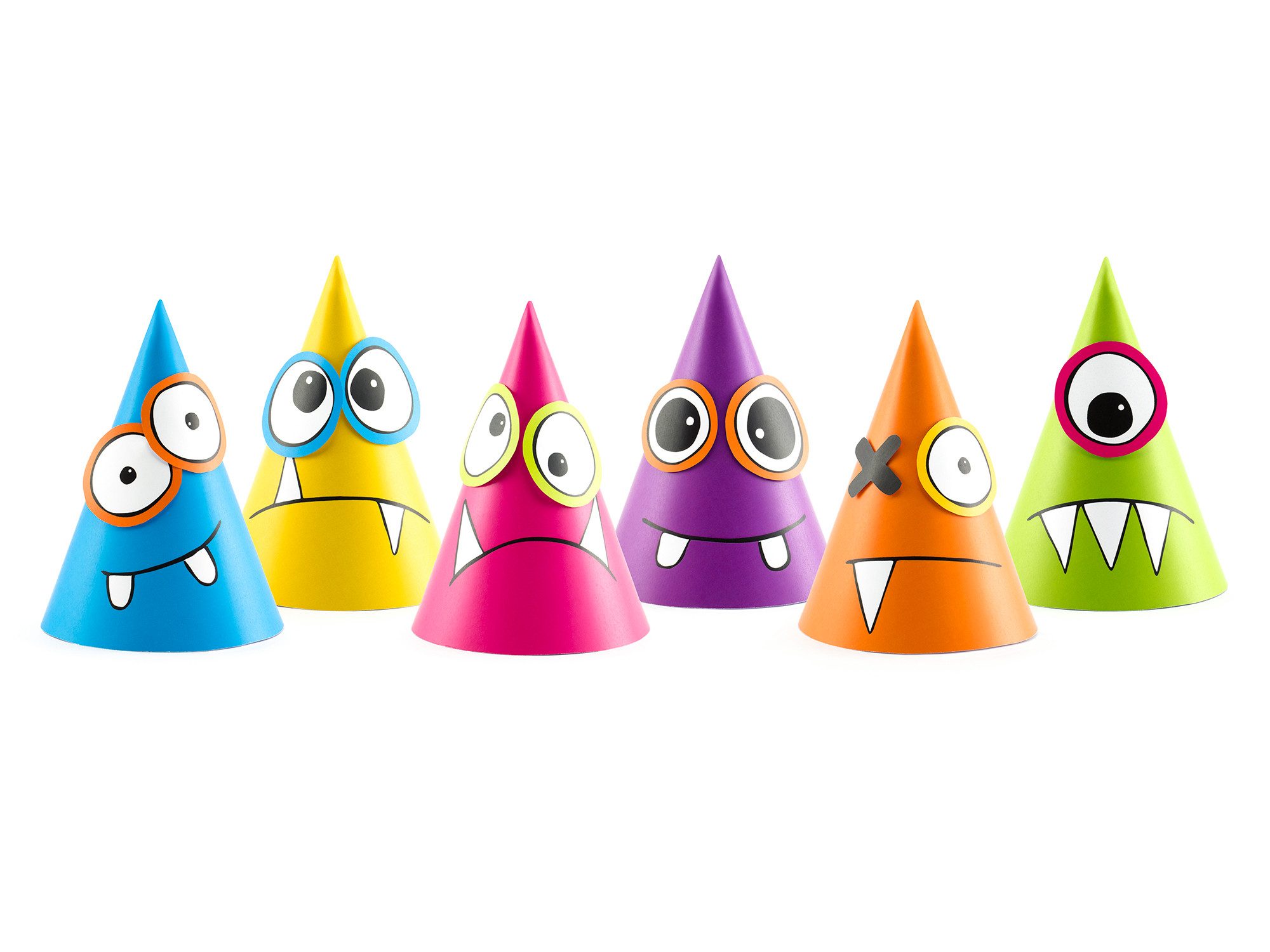 partydeco Papierdekoration, Partyhüte Monster 16cm zum Basteln 6er Set bunt