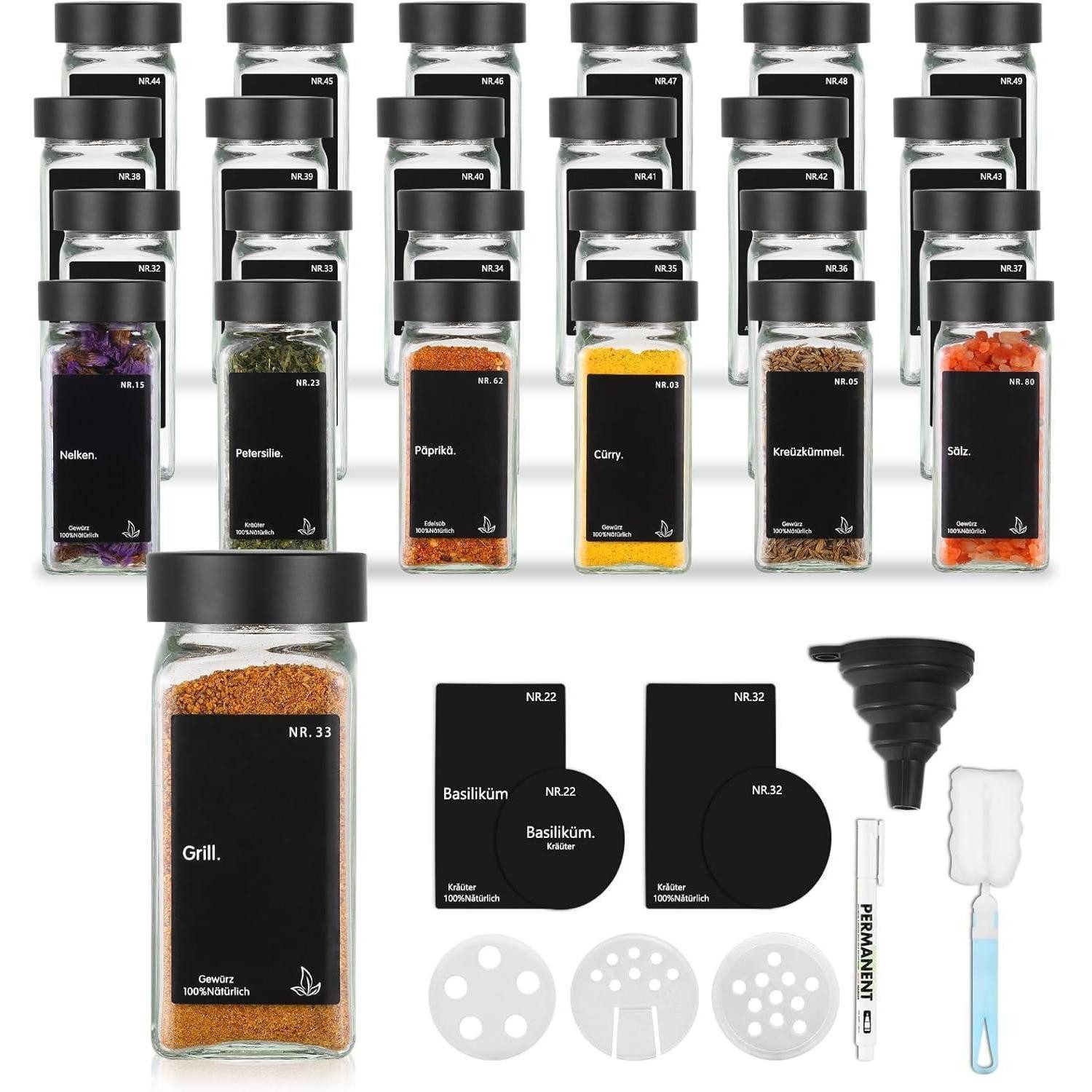 LuxusKollektion Gläser-Set Gewürzgläser mit Streueinsatz eckig 24x 120ml Schwarz Luftdichte