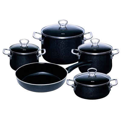 Riess Topf-Set Topfset 5-teilig Black Magic, Emaille (Sparpaket, 5-tlg., Fleischtopf 16 cm, 20 cm, 24 cm, Kasserolle 20 cm, Pfanne 28 cm), Kochtöpfe