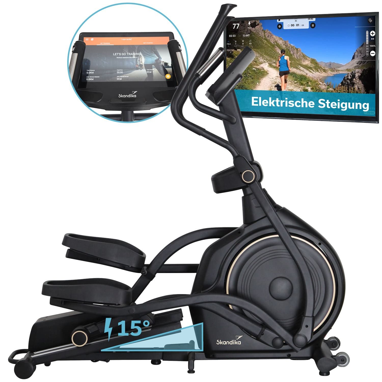 Skandika Crosstrainer für zuhause, Carbon P30-S Touchscreen, Bluetooth, App kompatibel, mit Steigung, bis 150 kg, 32 Widerstandsstufen