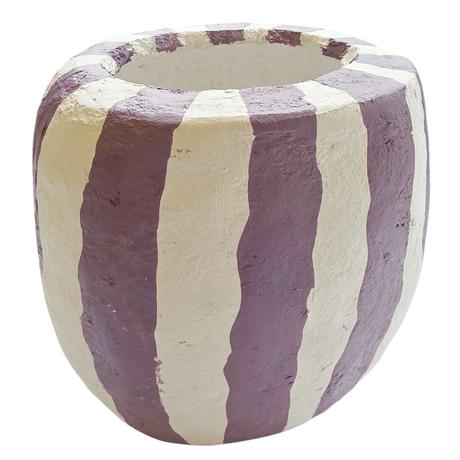 Macosa Home Dekovase Lila Weiß oval Handarbeit aus Pappmaché 15 cm (Geschenkidee Tischvase modern, 1 St., Tischdeko Wohnaccessoire Boho Landhaus), Vase modern gestreift Blumenvase für Trockenblumen