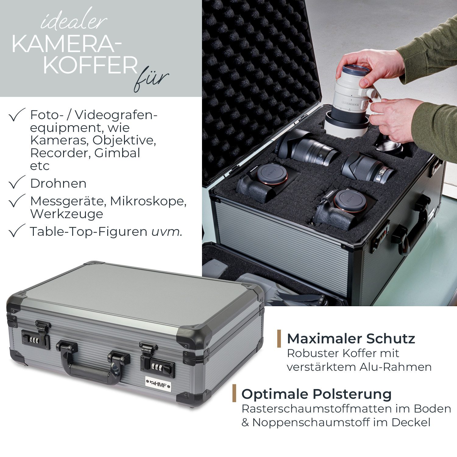 HMF Kameratasche Alu Fotokoffer mit Rasterschaumstoff, Kamerakoffer mit zwei 3er Zahlenkombinationsschlössern 46 x 33 x 15 cm