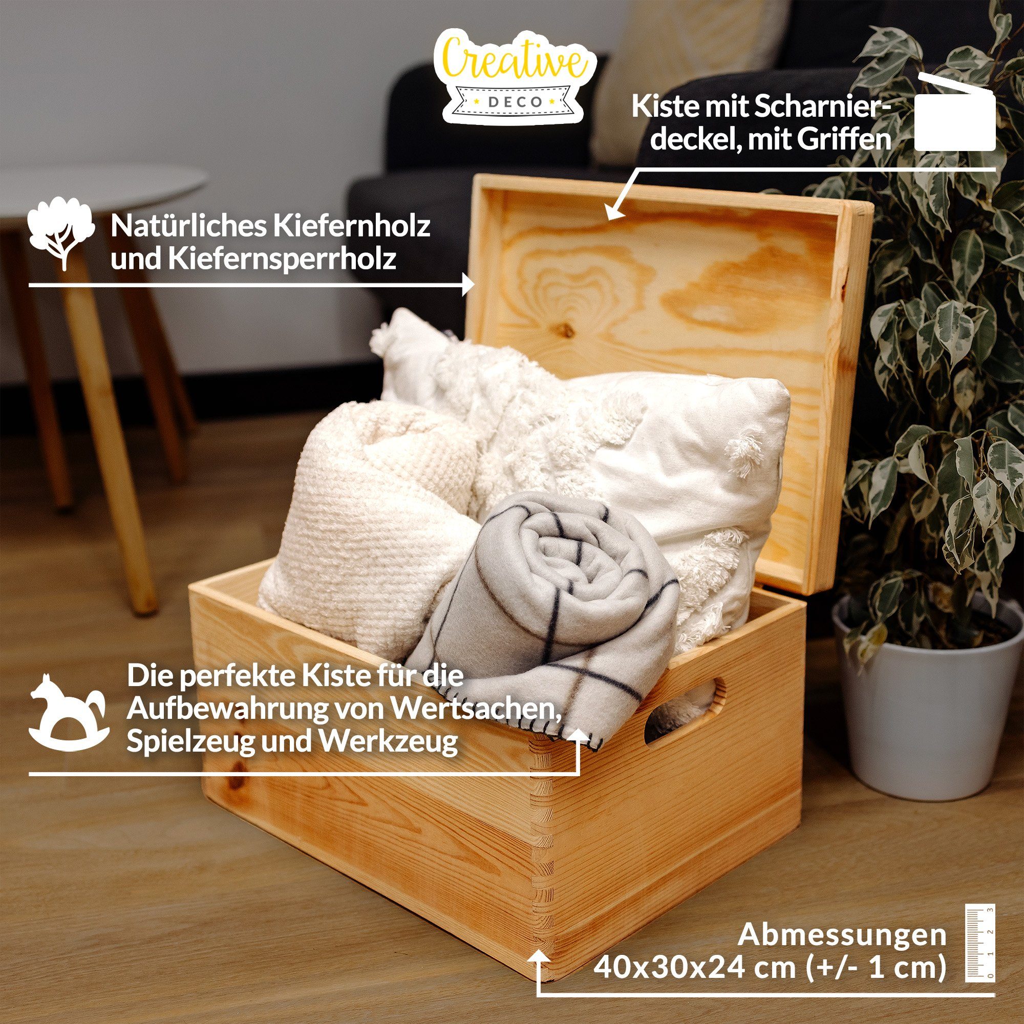 Creative Deco Holzkiste mit Deckel XXL groß 40x30x24 cm Erinnerungsbox Baby Holzbox, mit Griffen, Scharnieren