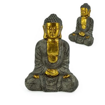 Rivanto Buddhafigur, Sitzende Buddha Statue, Steinoptik Deko Figur mit goldener Haut