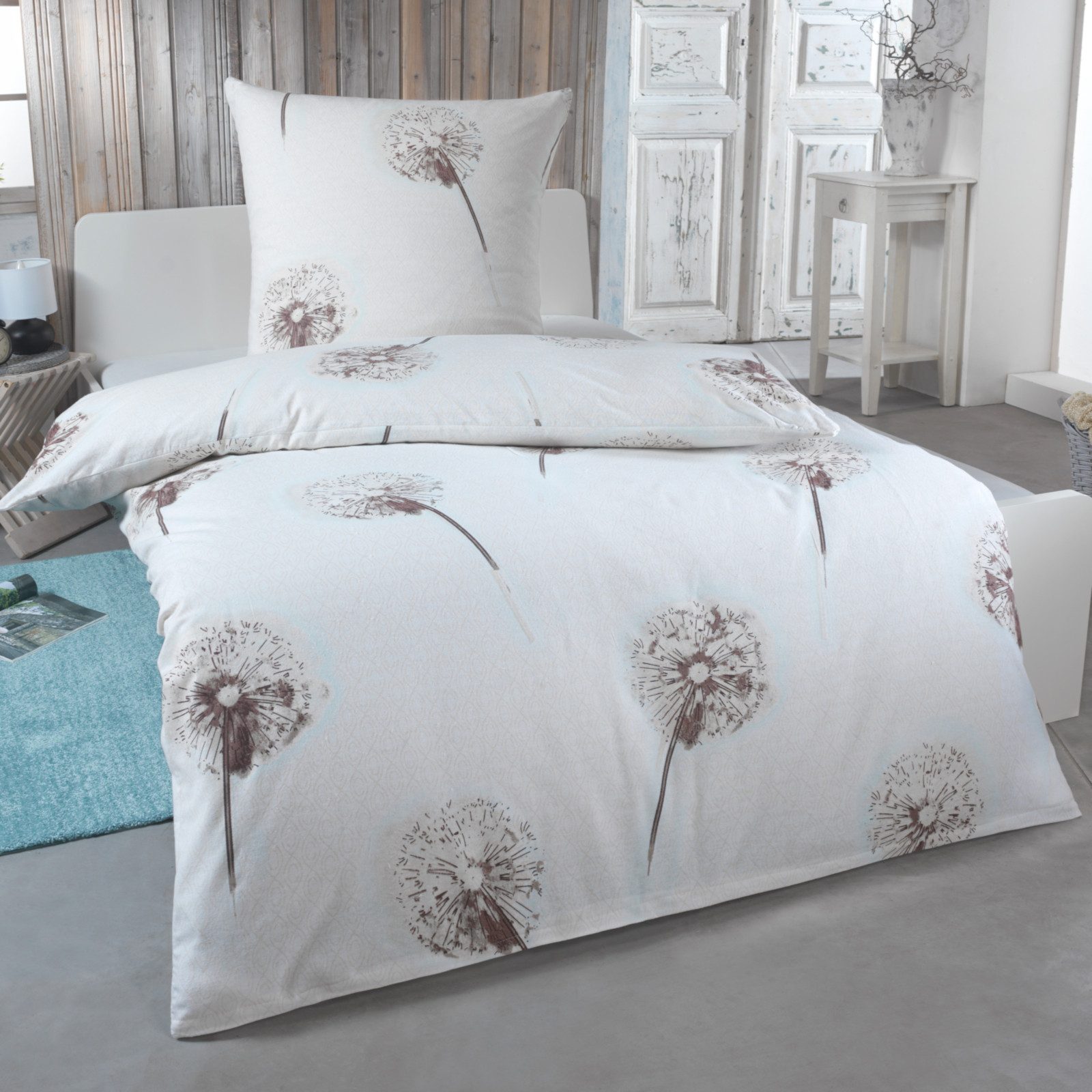 Dreamhome Bettwäsche aus 100 % Baumwolle, 135x200 + 80x80 cm, Weiss, Pusteblume, Baumwolle, 2 teilig, Für Allergiker geeignet, pflegeleicht, angenehm weicher Stoff