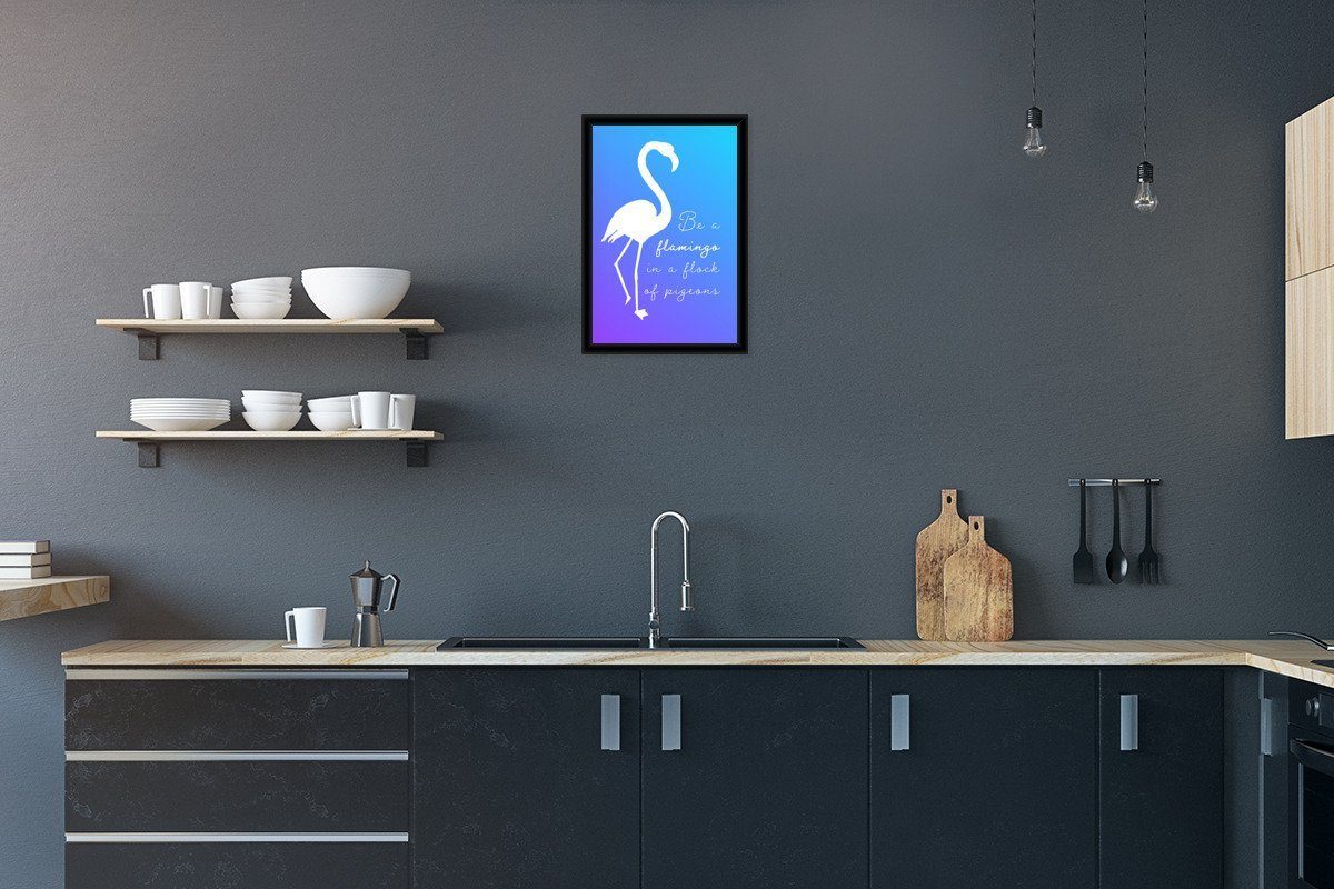 MuchoWow Poster Blau - Weiß - Flamingo, (1 St), Gerahmtes Poster, Wanddeko, Bilder, Wandposter, Schwarzem Bilderrahmen