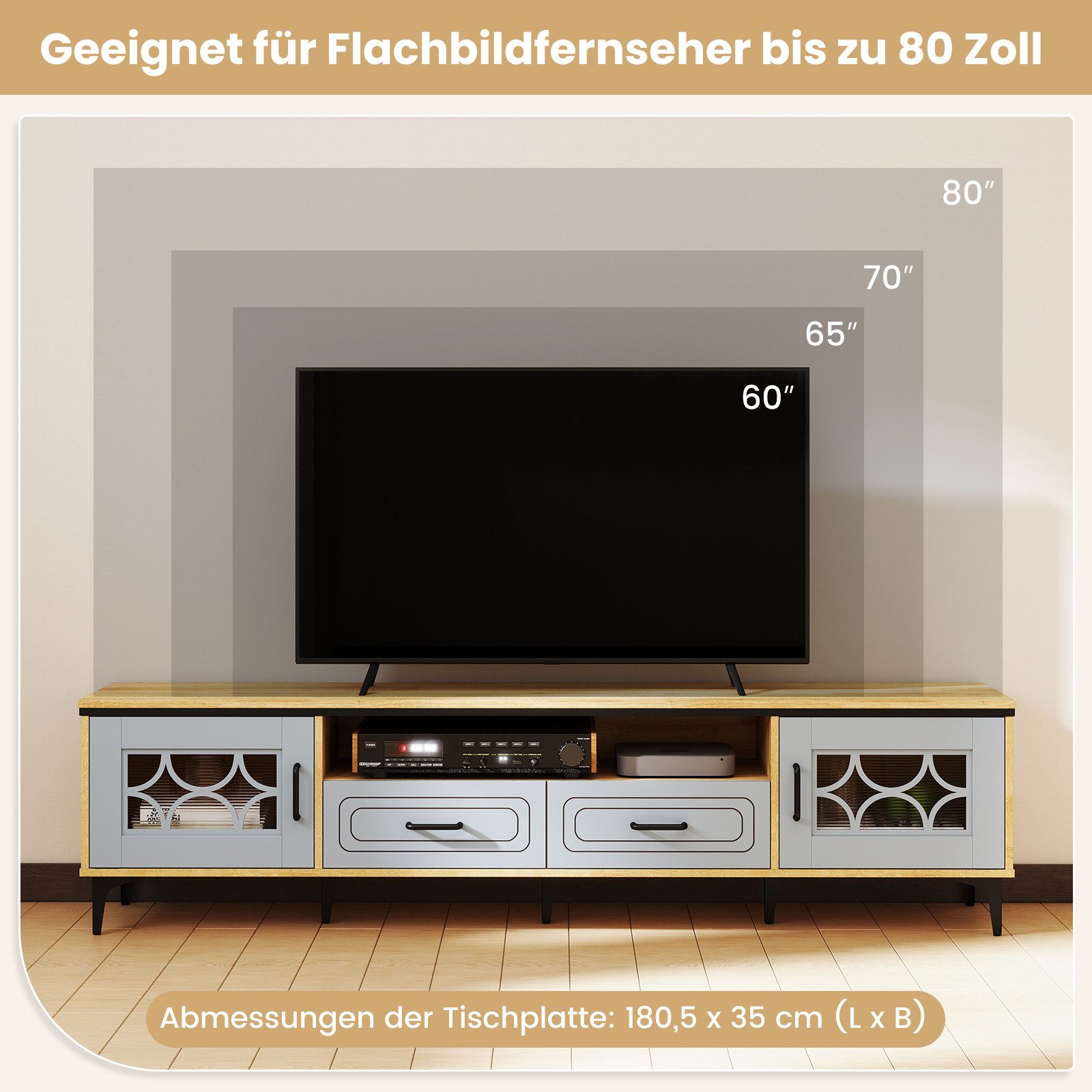 COSTWAY TV-Schrank Holz, Lowboard mit 2 Schublade & Stauraum, 180,5cm